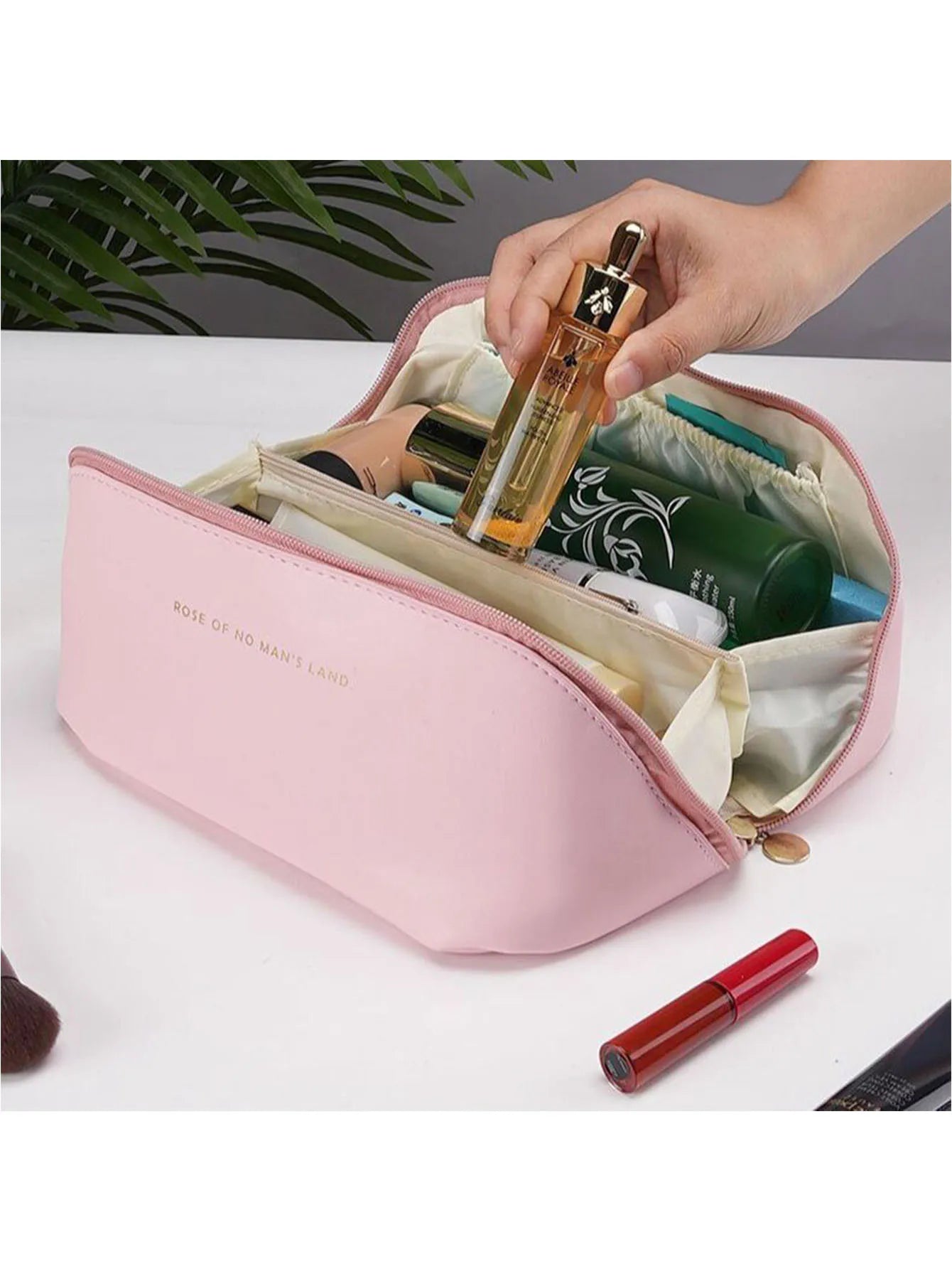YHYEH Large Leather Cosmetic Bag — Elegant Makeup & Toiletry Organizer