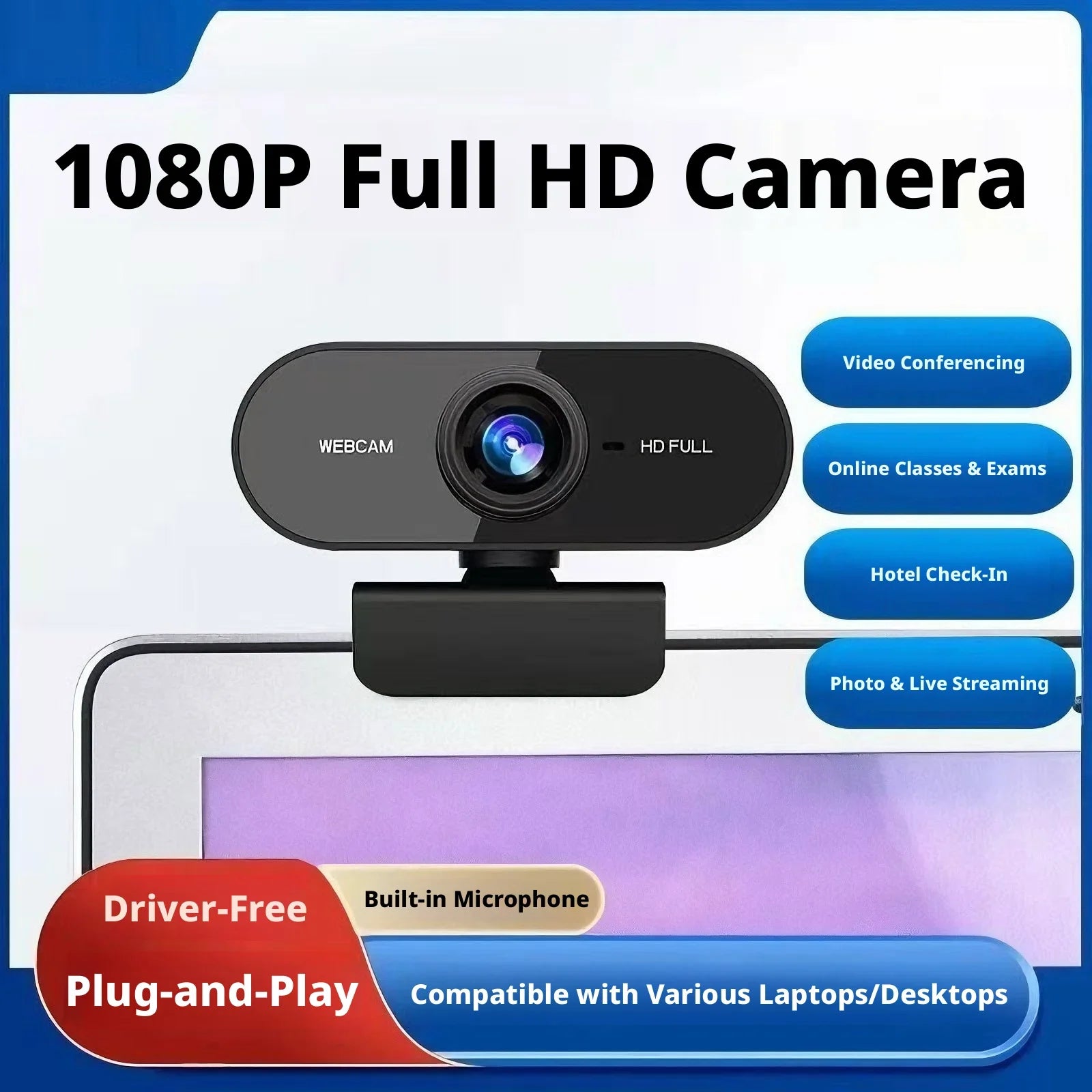HD 1080P Webcam With Built-In Microphone — Plug and Play Computer Camera