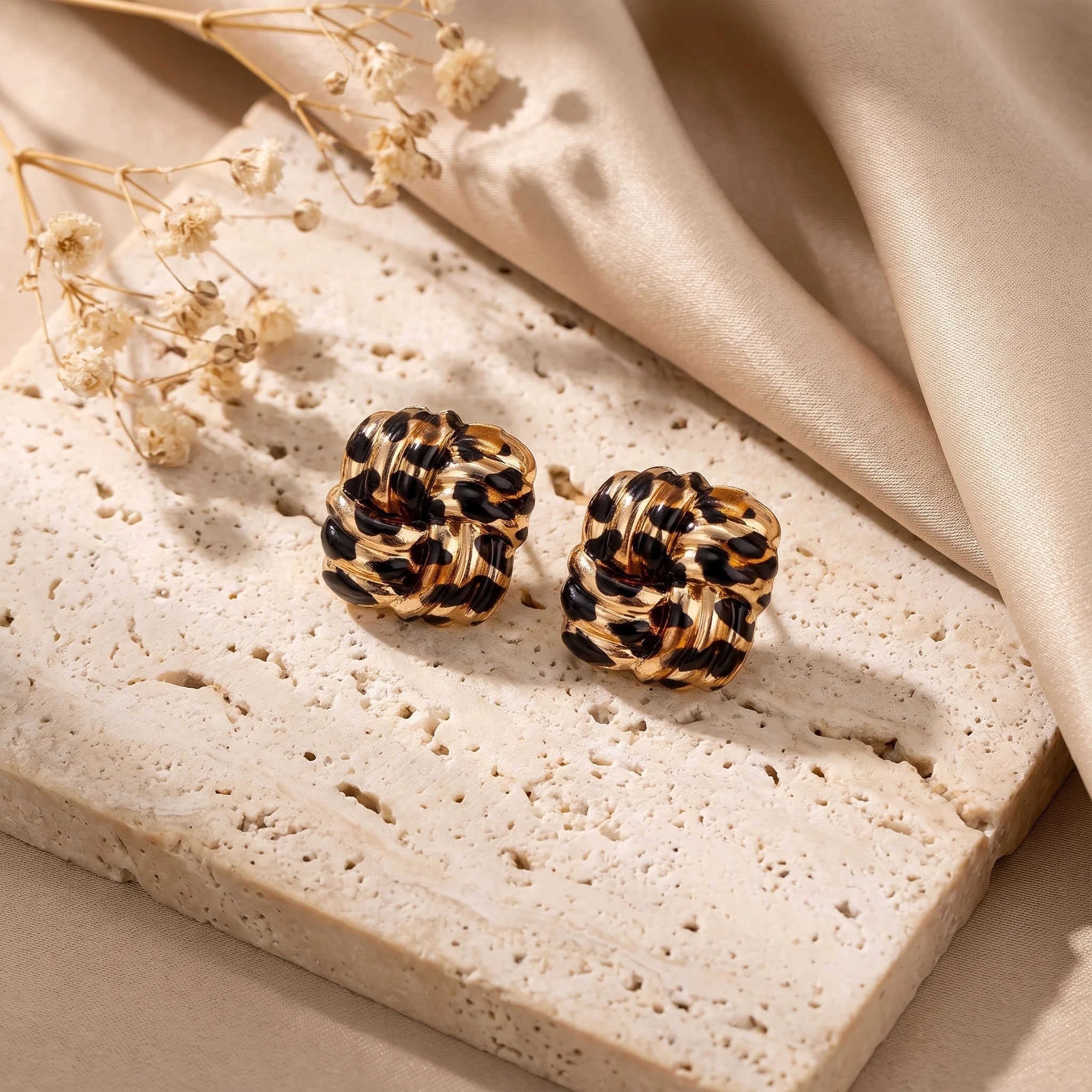 Obega Leopard Print Knotted Earrings — Vintage Gold Tone Enamel Studs