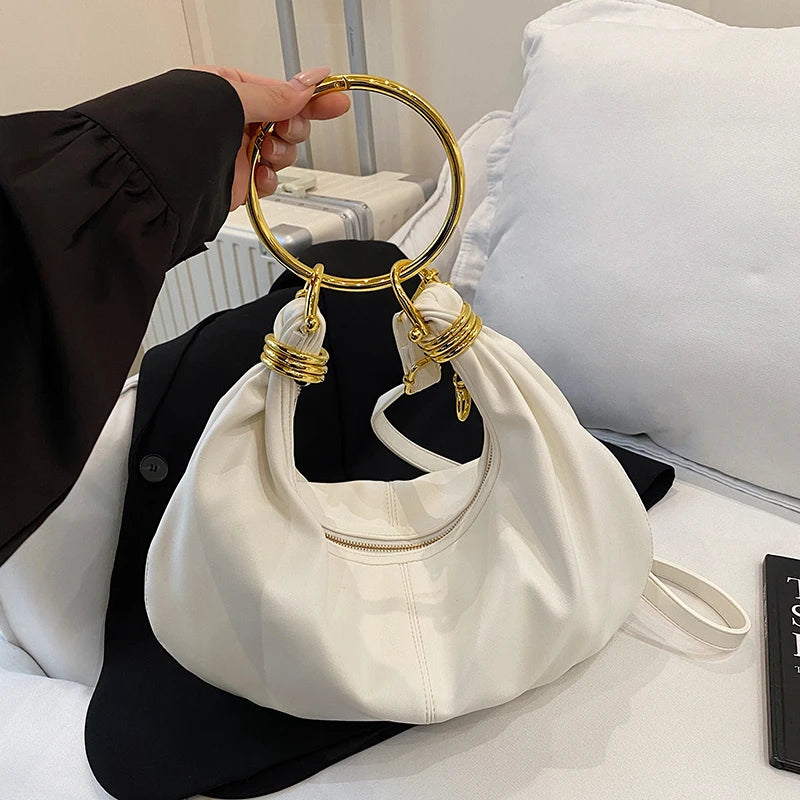 Elegant PU Leather Hobo Bag — Stylish Gold Ring Handle Tote