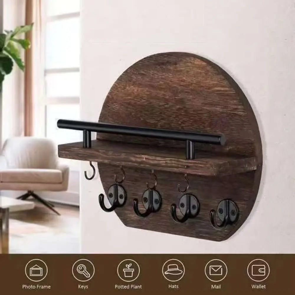 Retro Wall Mounted Key Holder — Decorative Wood Mail Organizer with Shelf