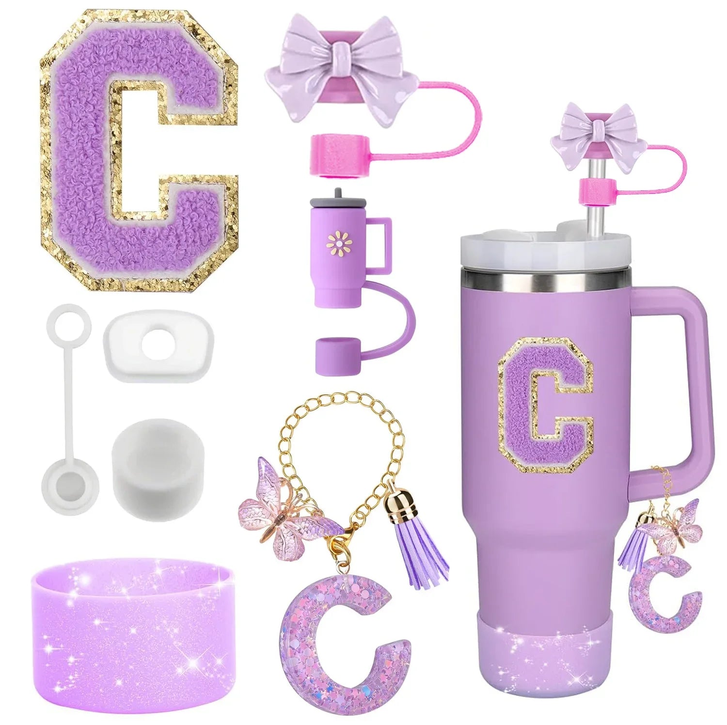 8-Piece Purple Tumbler Accessory Set — Silicone Straw Topper & Personalized Charms
