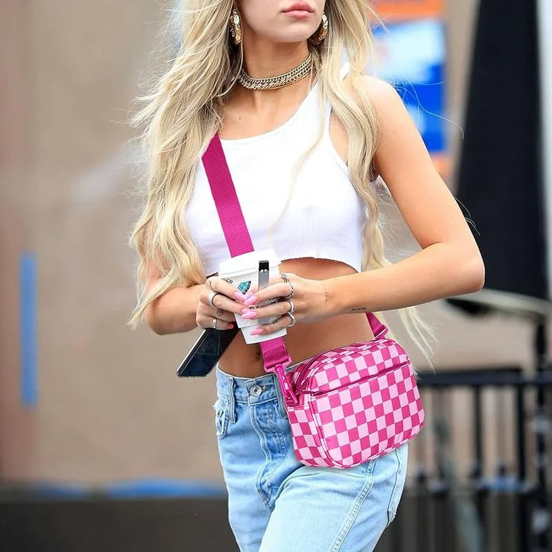 Checkered Crossbody Bag — Trendy Messenger Purse with Wide Strap