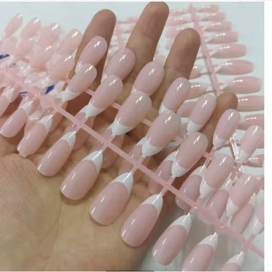 Almond French Tip Press On Nails — Elegant Nude and White Glossy Set