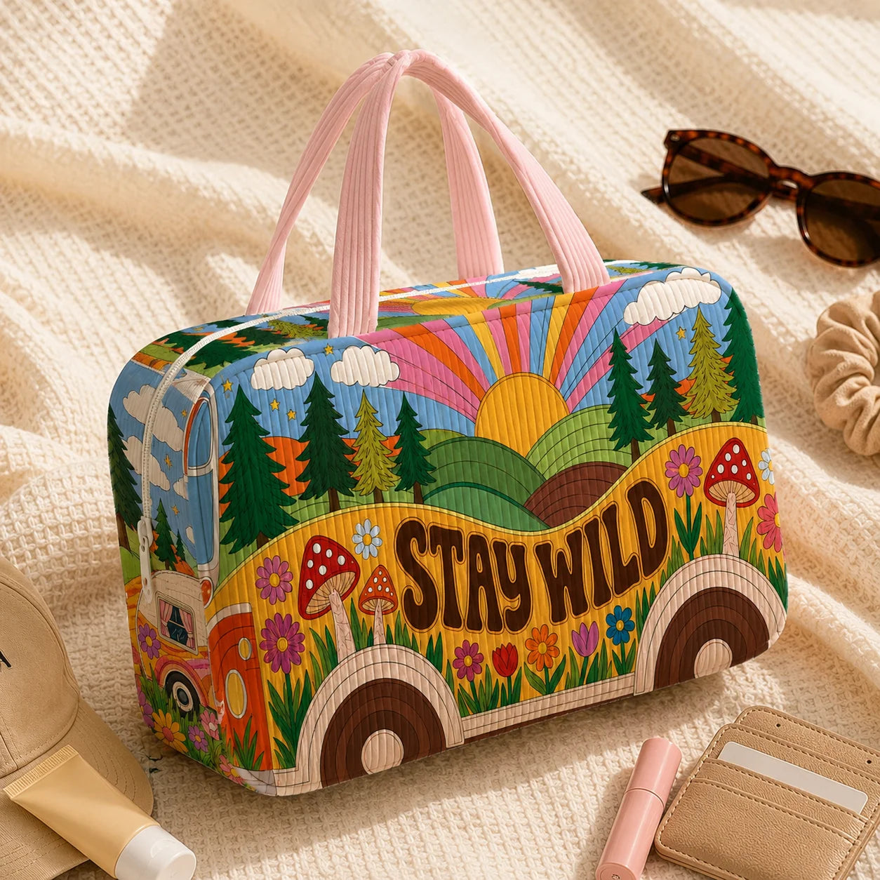 Retro Corduroy Cosmetic Bag — Portable Makeup & Toiletry Organizer