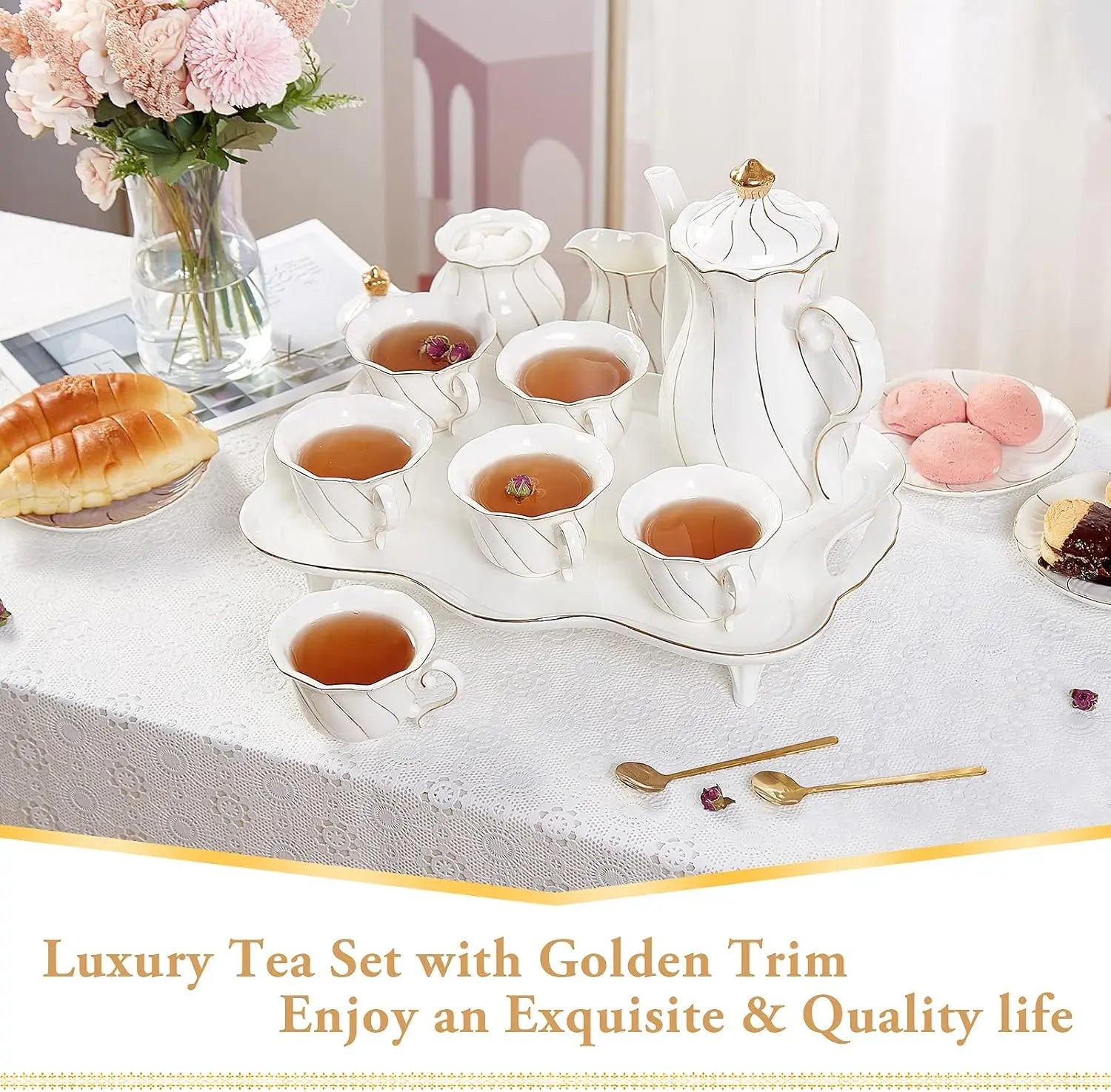 IOSN 14-Piece Porcelain Tea Set — Elegant Gold Trim Coffee & Tea Service