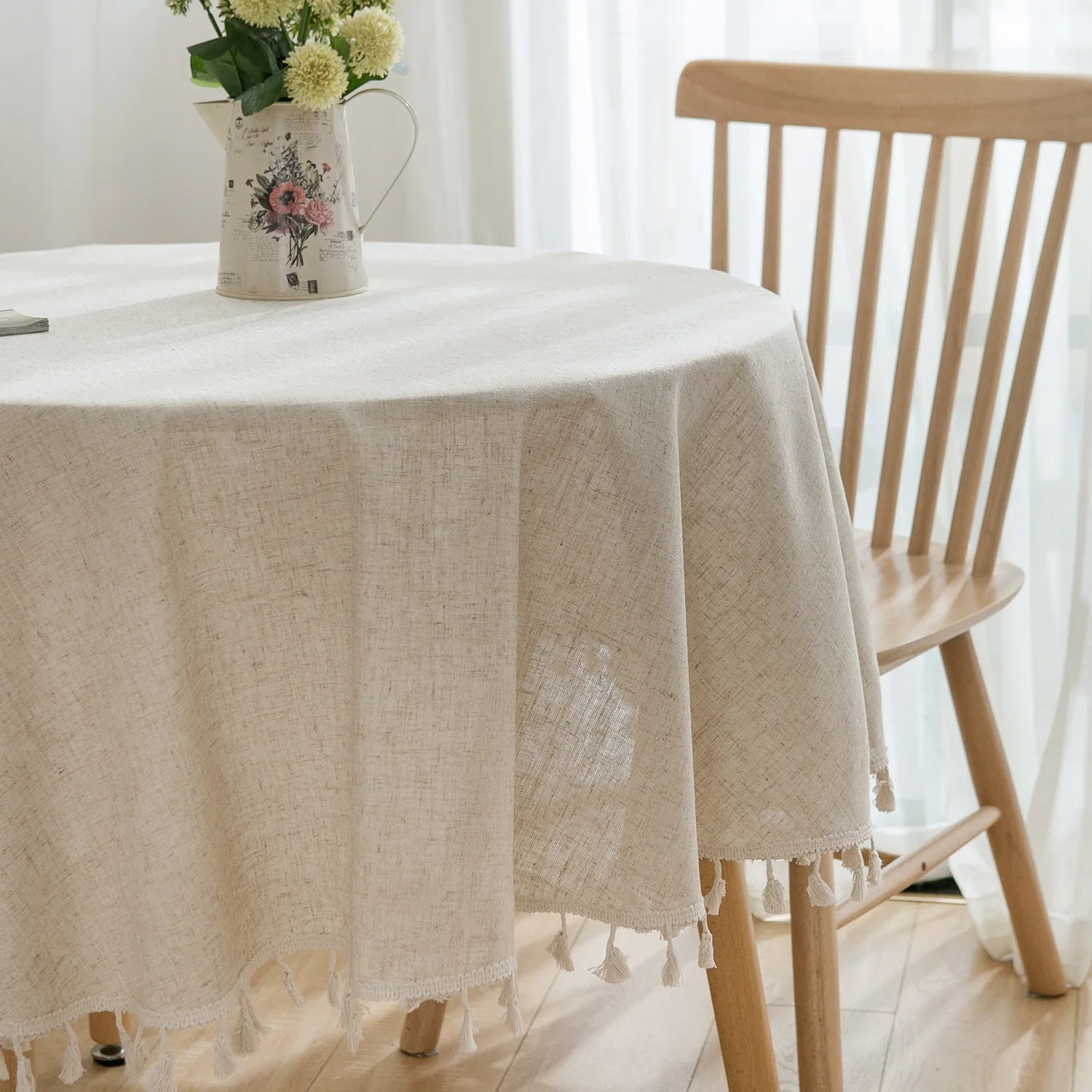 Linen Cotton Round Tablecloth — Vintage Ruffle Dining Table Cover