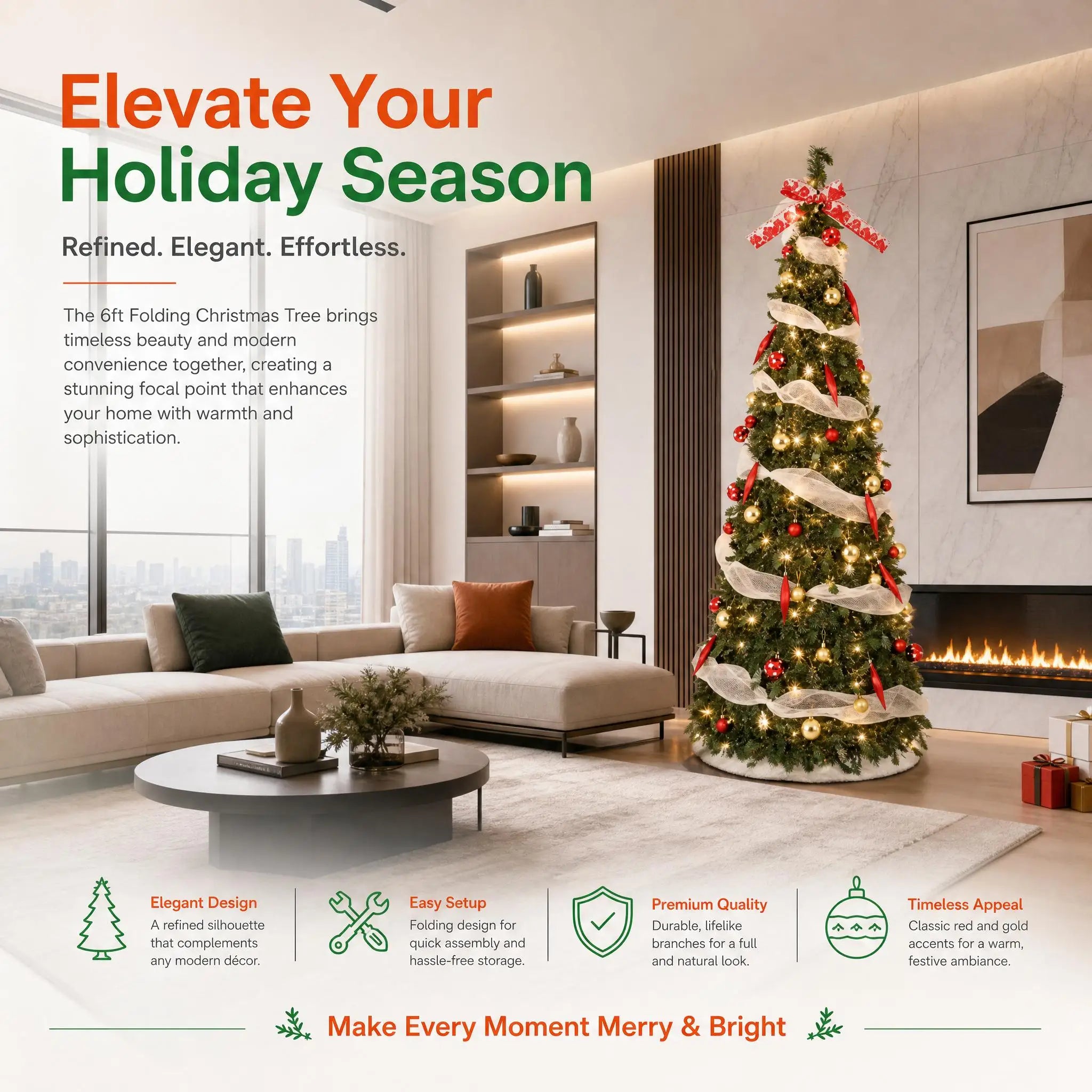 GAOMON 6ft Pop Up Christmas Tree — Pre-Lit Slim Pencil Design with Ornaments