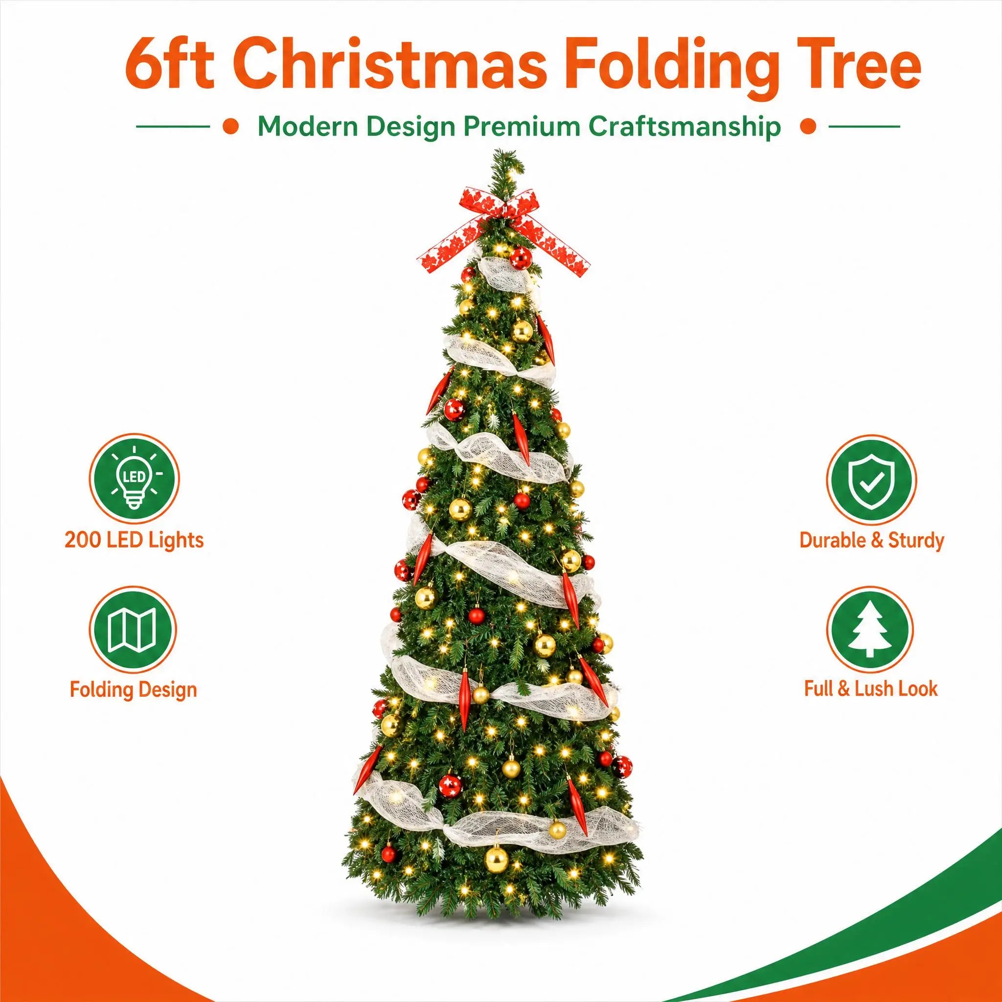 GAOMON 6ft Pop Up Christmas Tree — Pre-Lit Slim Pencil Design with Ornaments