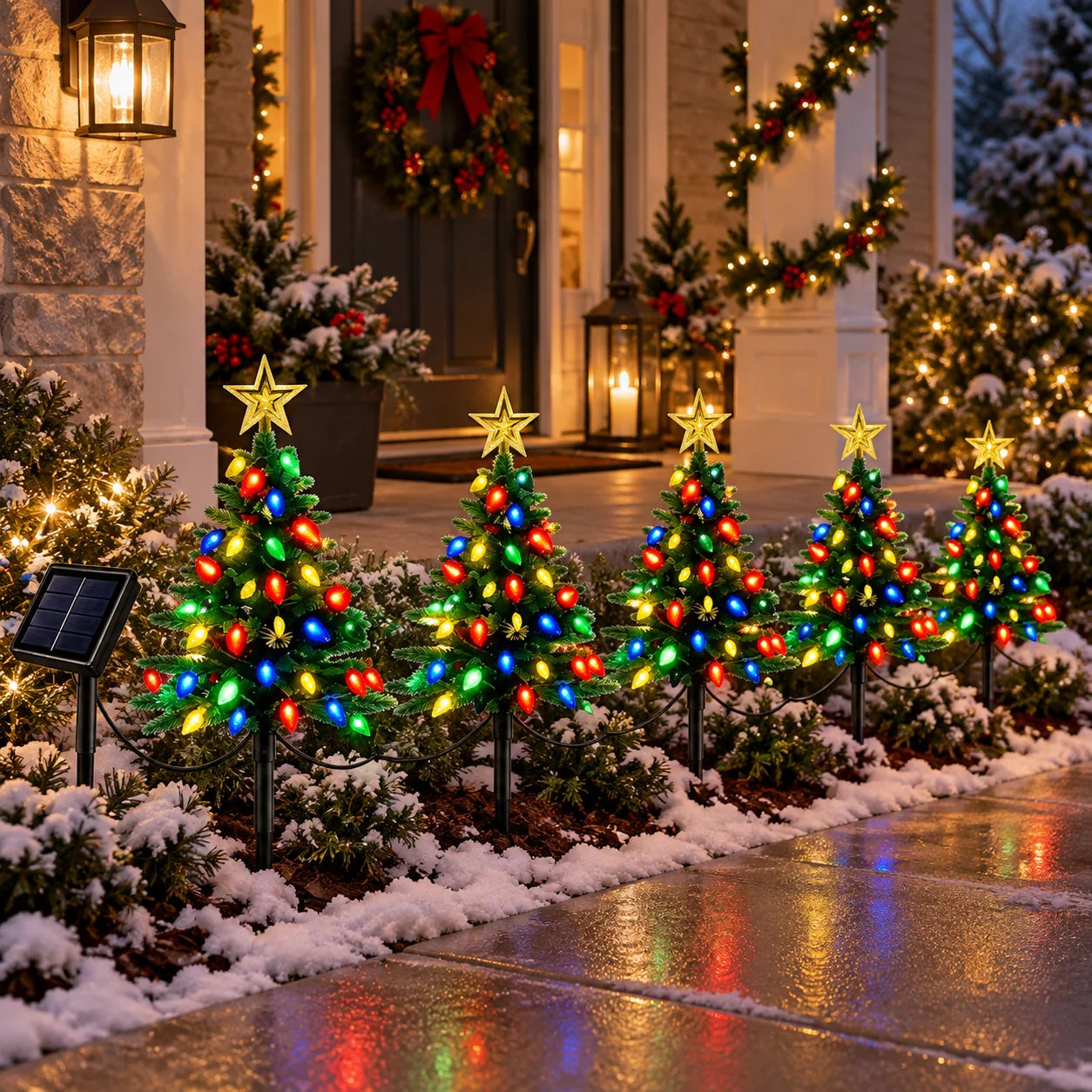 Solar Christmas Tree Pathway Lights — Multicolor LED Garden Stake Set