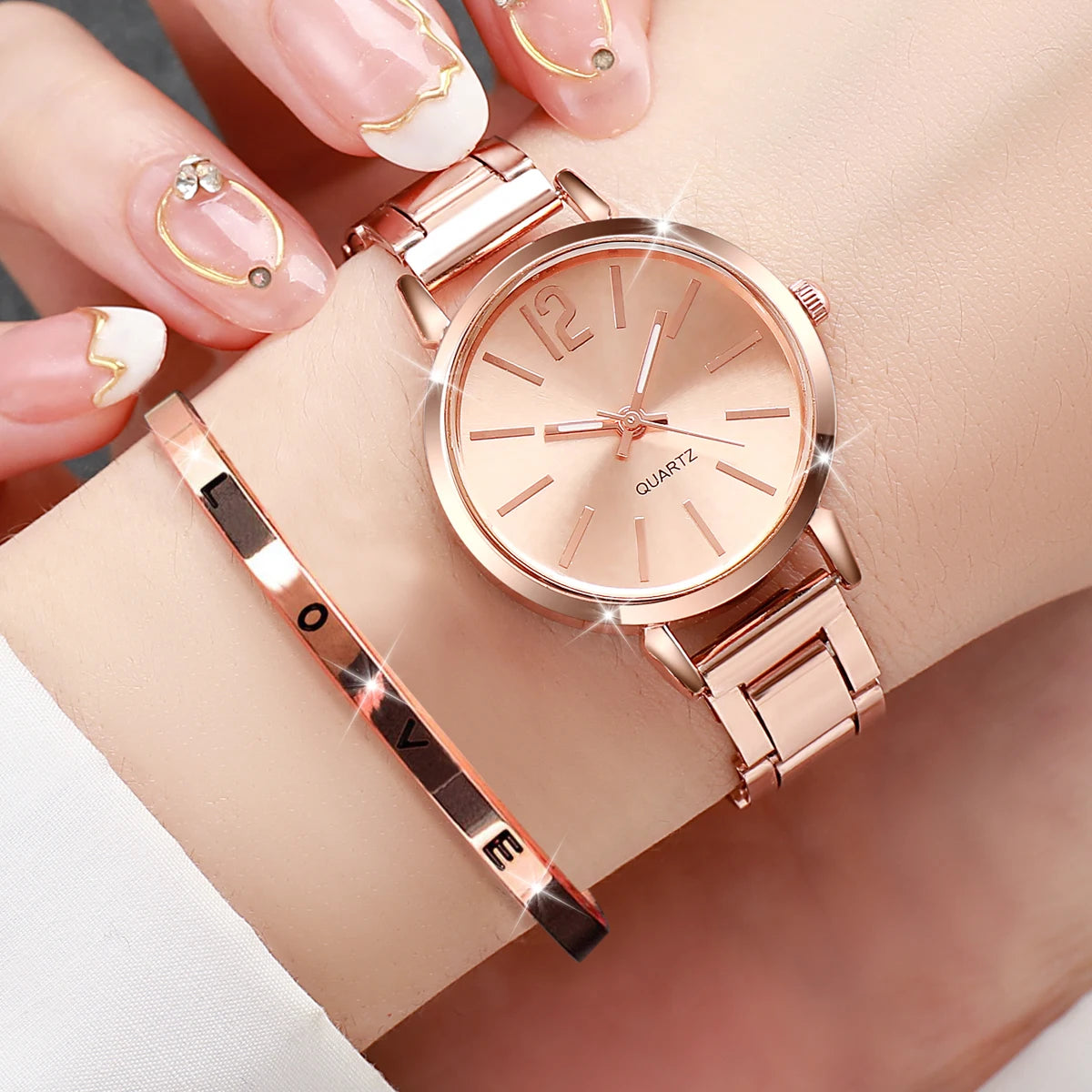 Women's Quartz Watch and Cuff Bracelet Set — Elegant Gold Steel Jewelry Duo