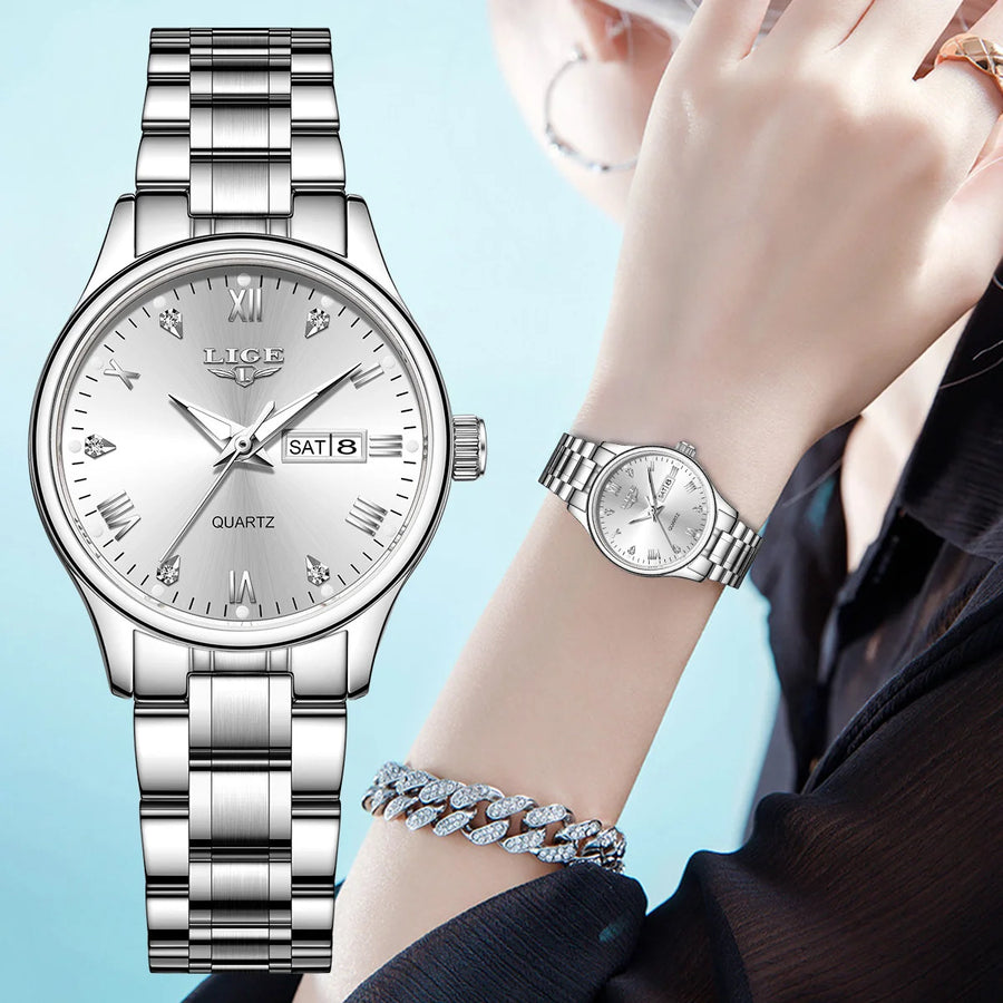 Elegant Women's Quartz Watch — Diamond Dial Stainless Steel Wristwatch