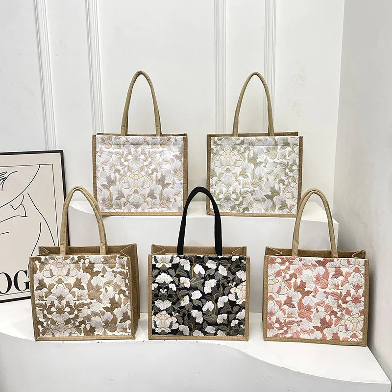 Floral Linen Tote Bag — Versatile Shoulder Handbag for Daily Use