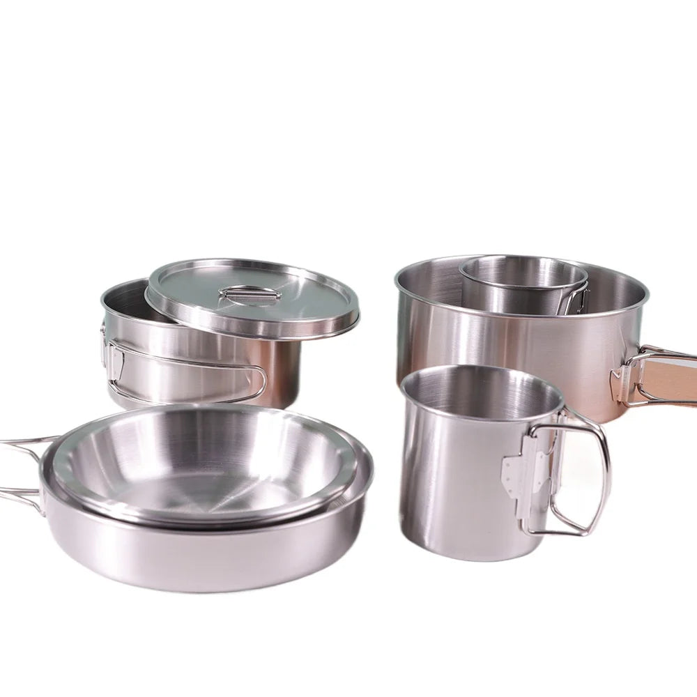 8-Piece Stainless Steel Camping Cookware Set — Portable Foldable Pot & Kettle