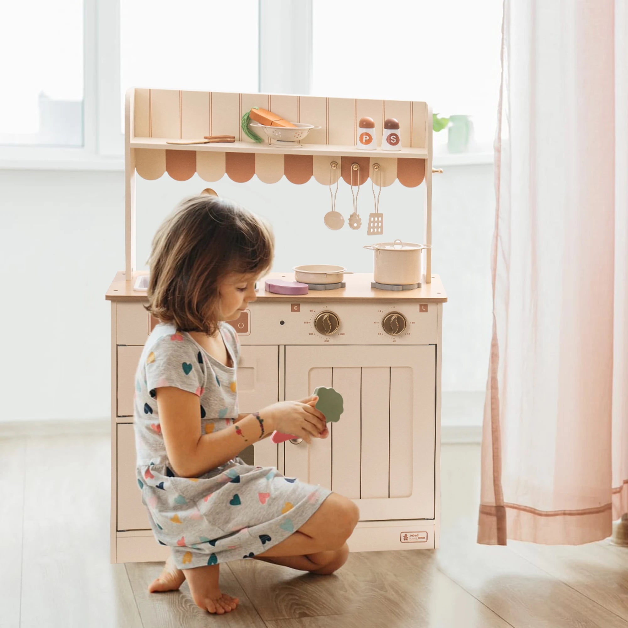 Robud Wooden Play Kitchen Set — Pretend Play Toy with Accessories, Beige
