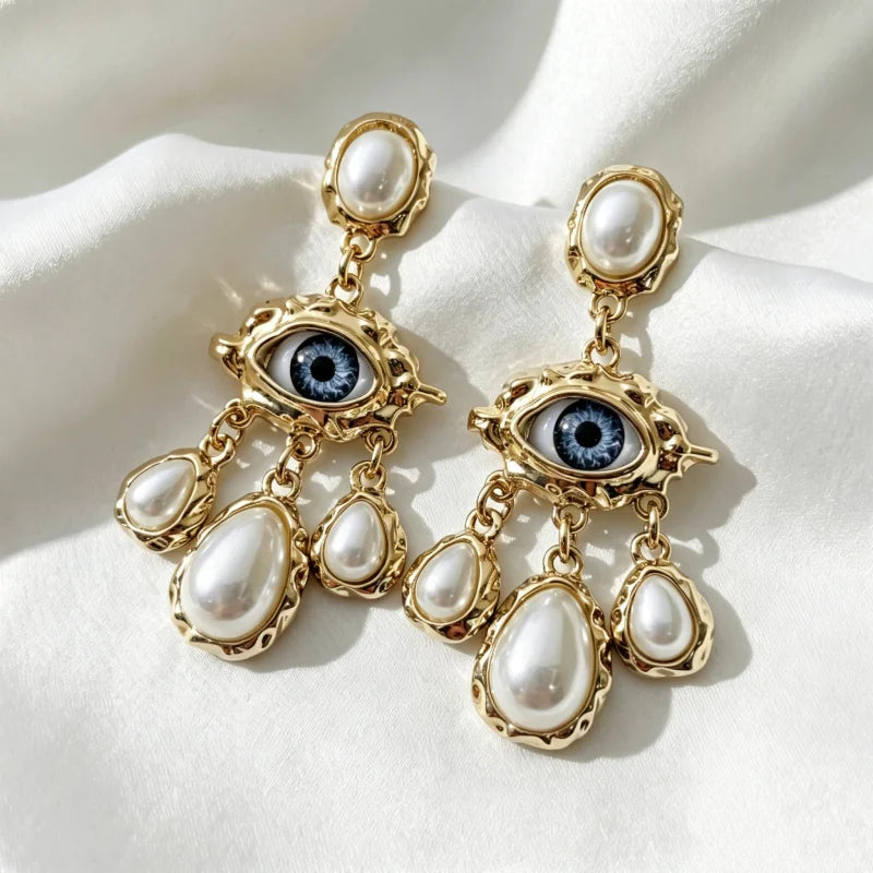 Obega Gothic Evil Eye Dangle Earrings — Ornate Pearl Tassel Jewelry