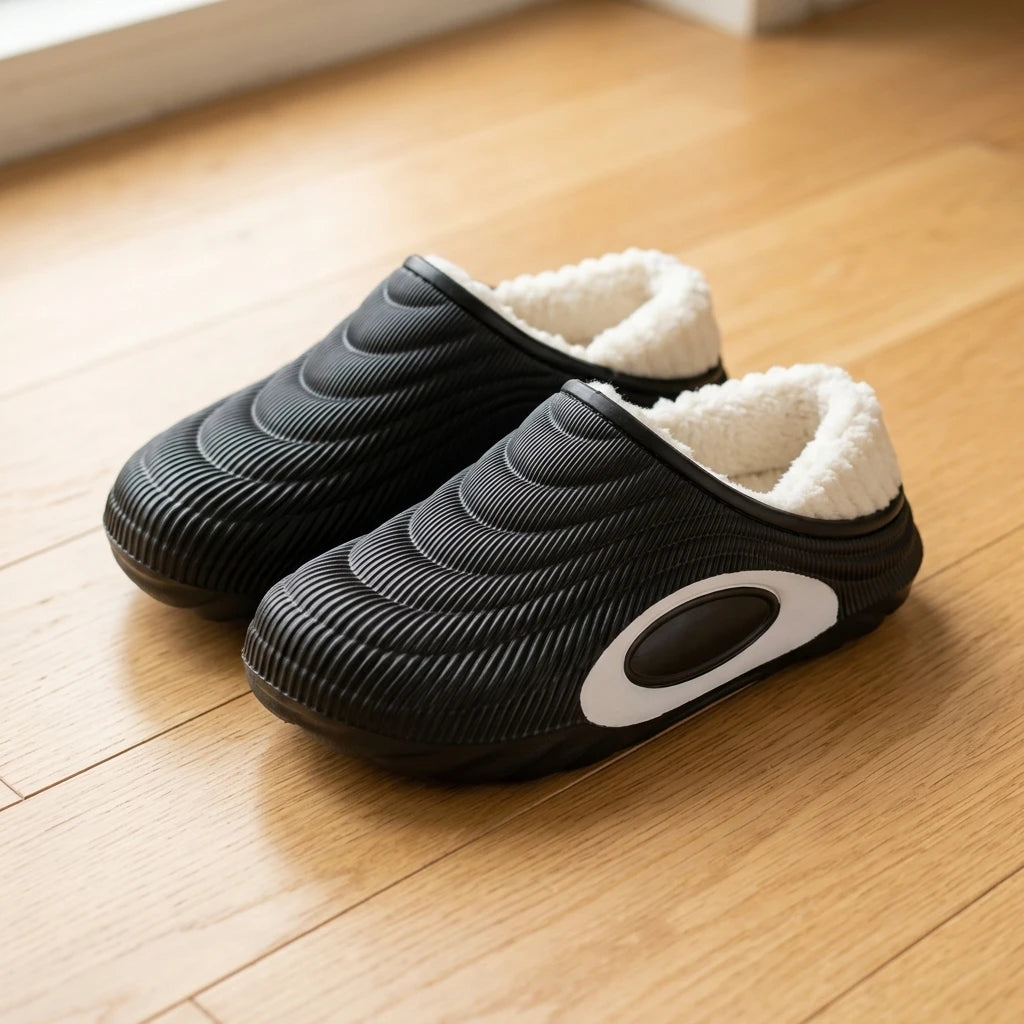 Wave Textured Thermal Men's Slippers — Cozy Plush Lined Indoor Outdoor Shoes