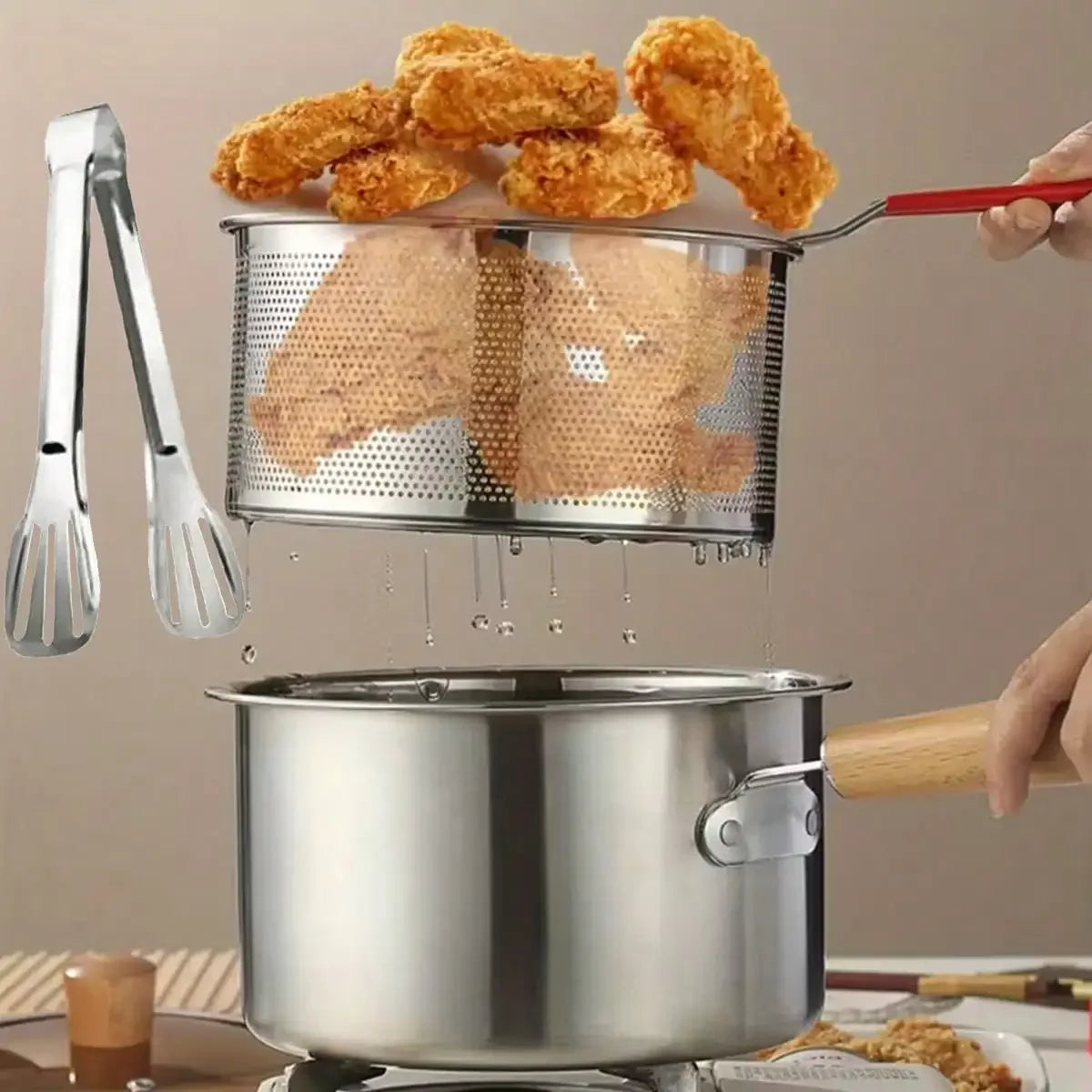 Stainless Steel Deep Fryer Set — 3-Piece Pot with Filter Basket