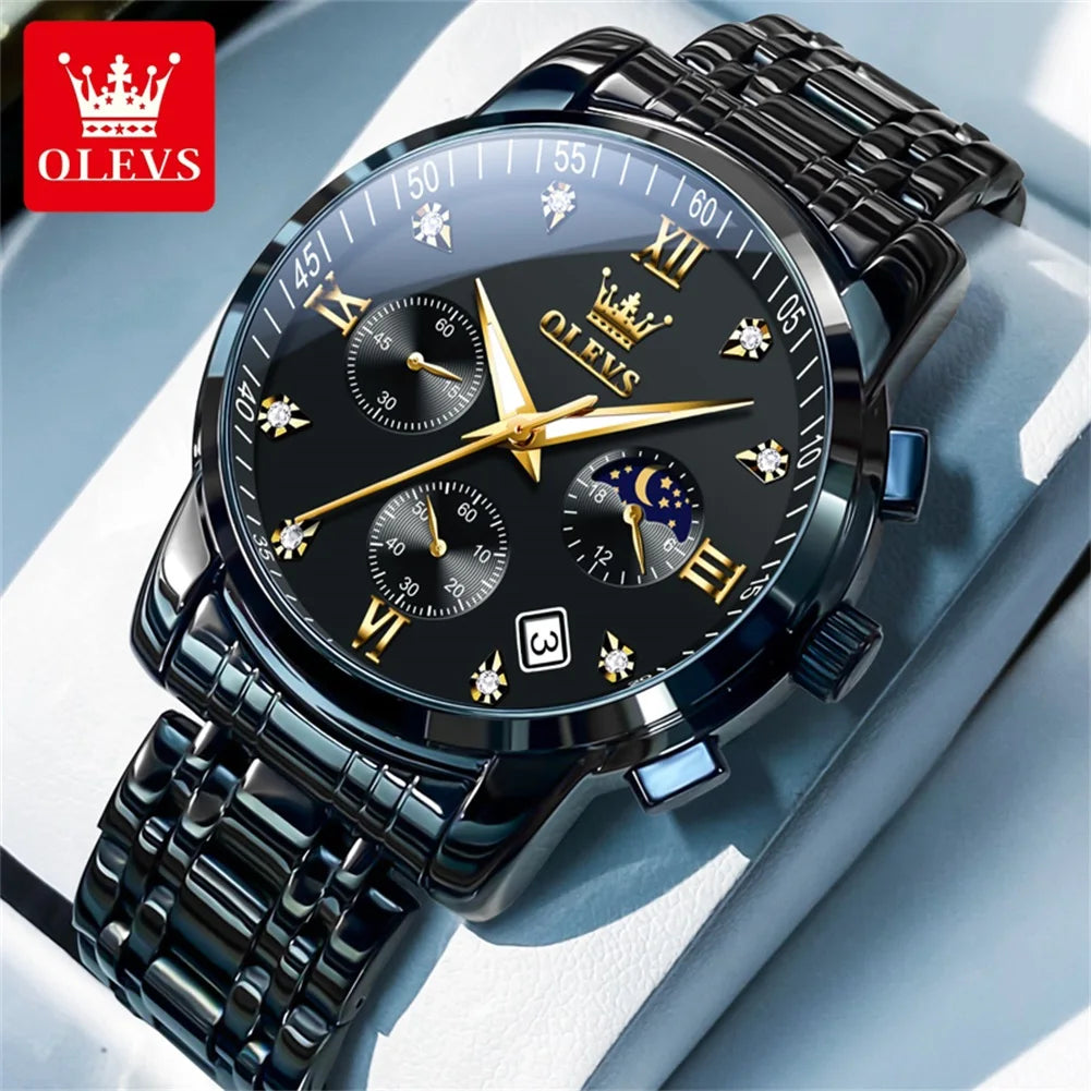 OLEVS 2858 Men's Luxury Watch — Stainless Steel Moon Phase Chronograph