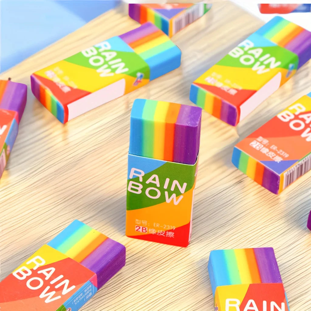 Rainbow 2B Pencil Erasers — Soft PVC Stationery for Writing & Drawing