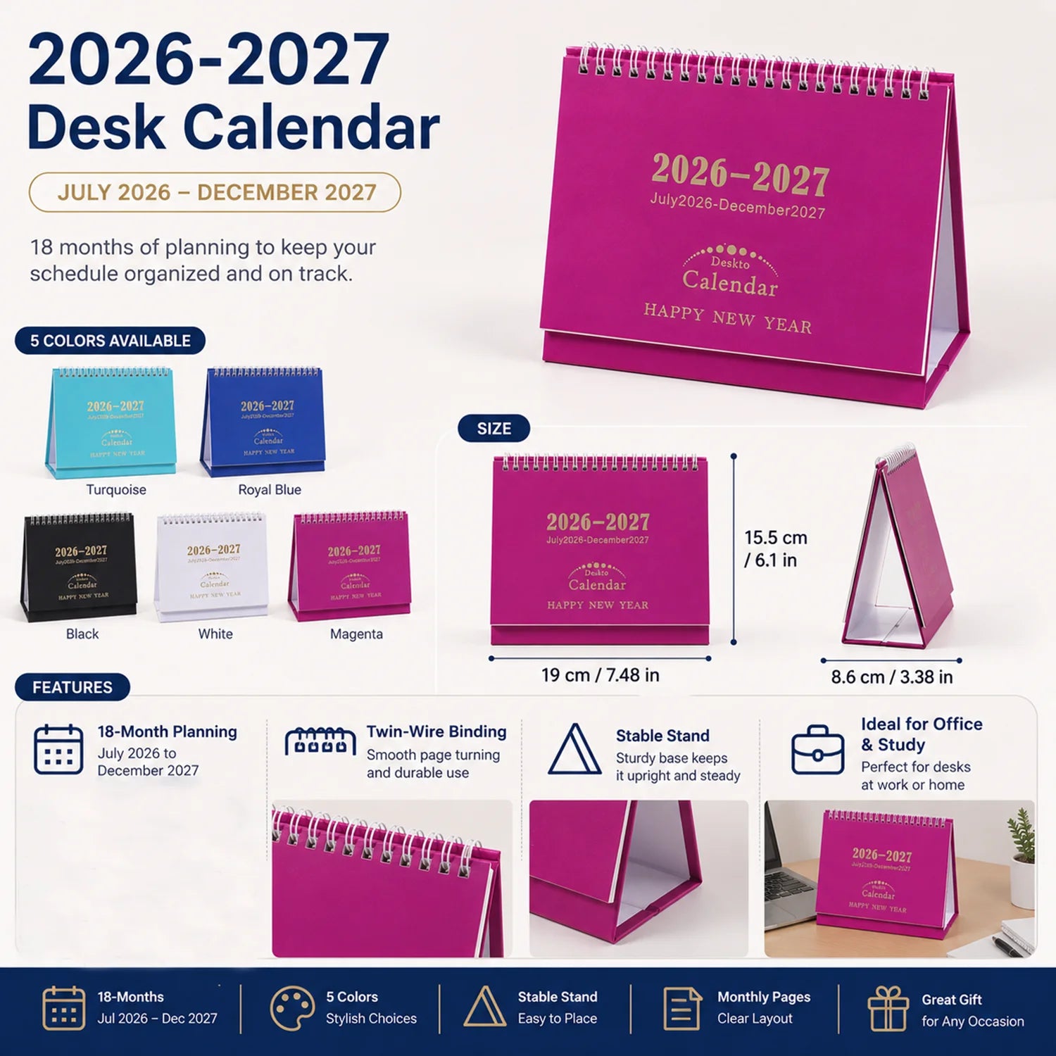 18-Month Desk Calendar — Foldable Stand & Gold Stamped Hard Cover