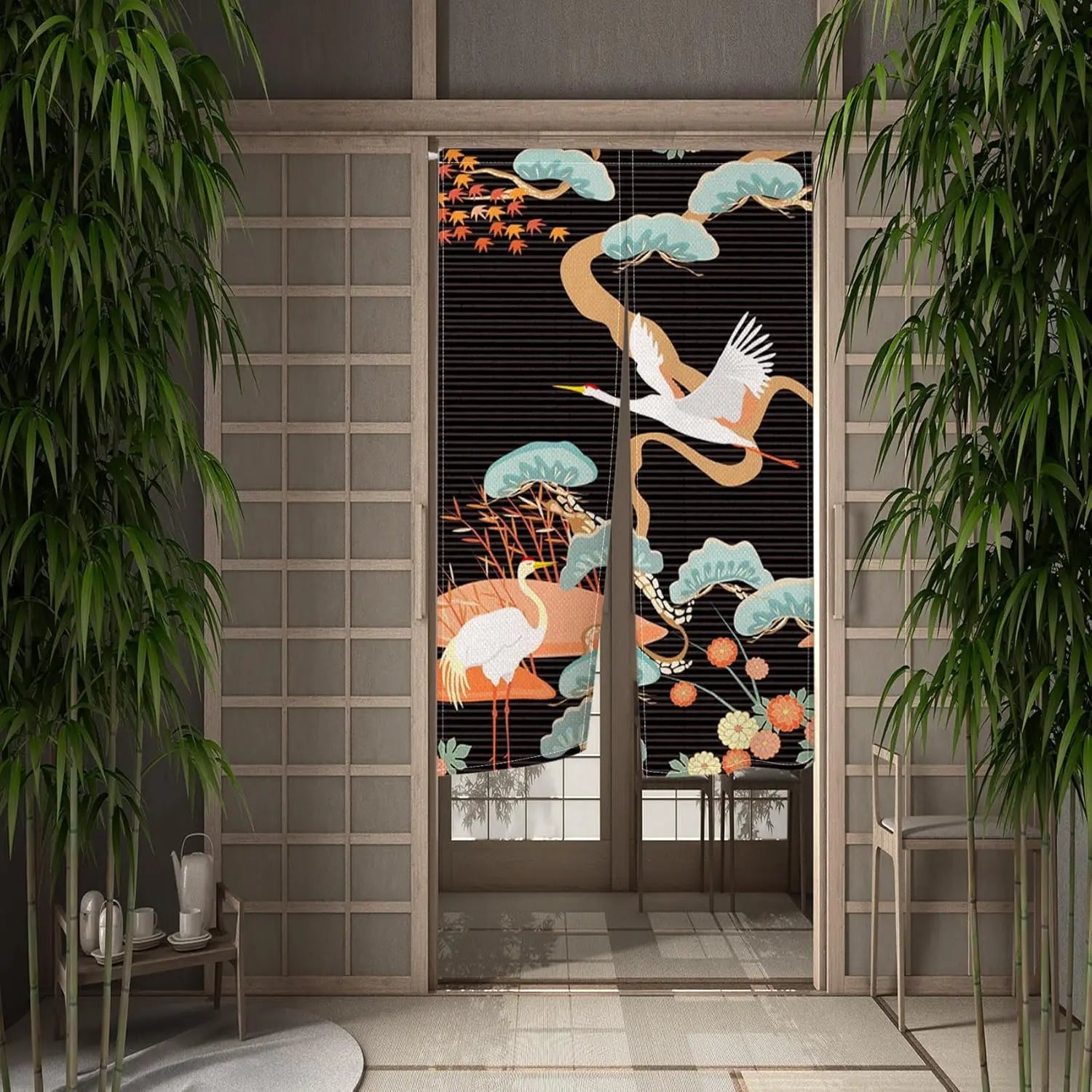 Japanese Style Crane and Flower Doorway Curtain — Decorative Noren Tapestry