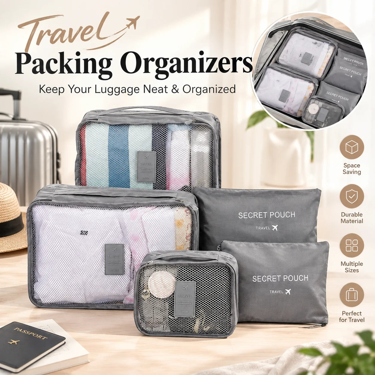 6-Piece Travel Packing Cube Set — Luggage Organizers for Clothes and Accessories