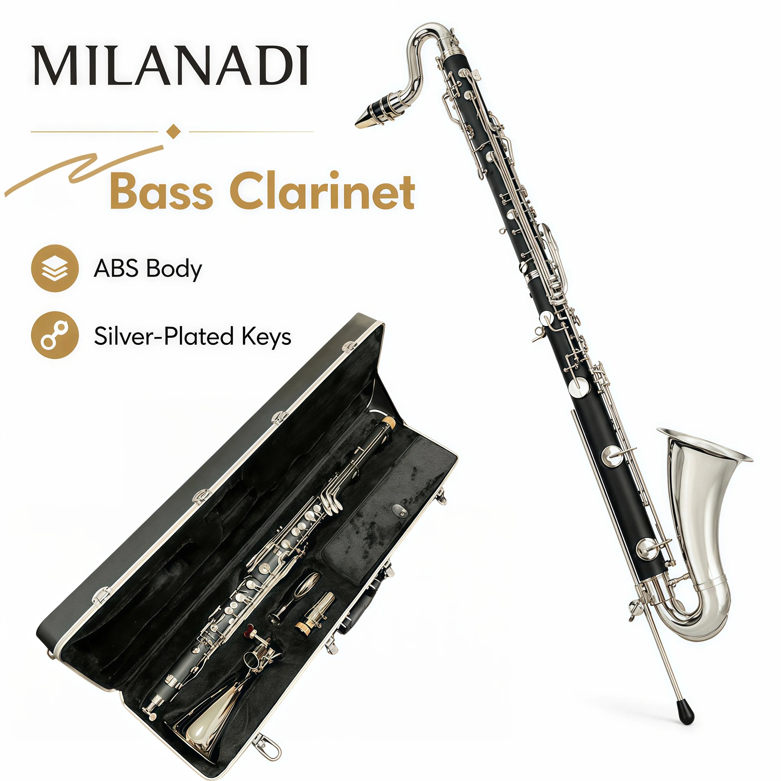 MILANADI M1994 Professional Bass Clarinet — ABS Body with Silver Plated Keys