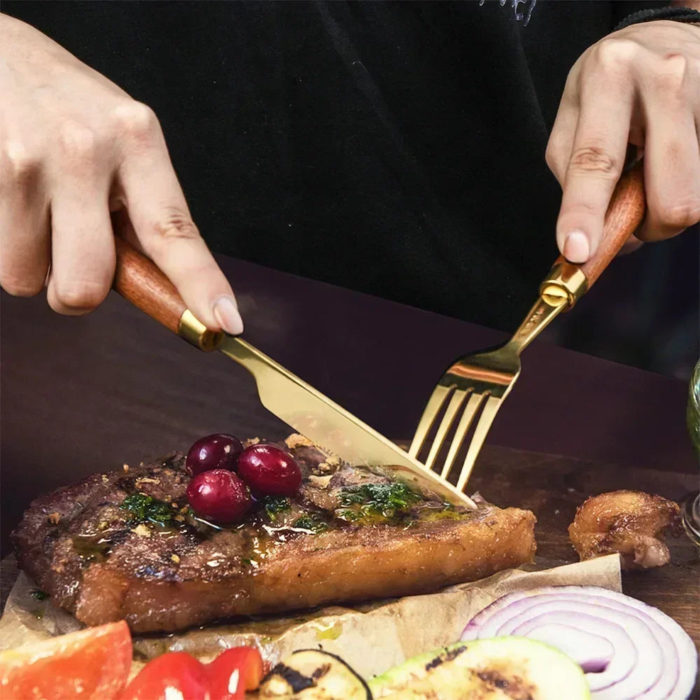 4-Piece Sapele Wood Handle Cutlery Set — Stainless Steel Knife Fork & Spoon
