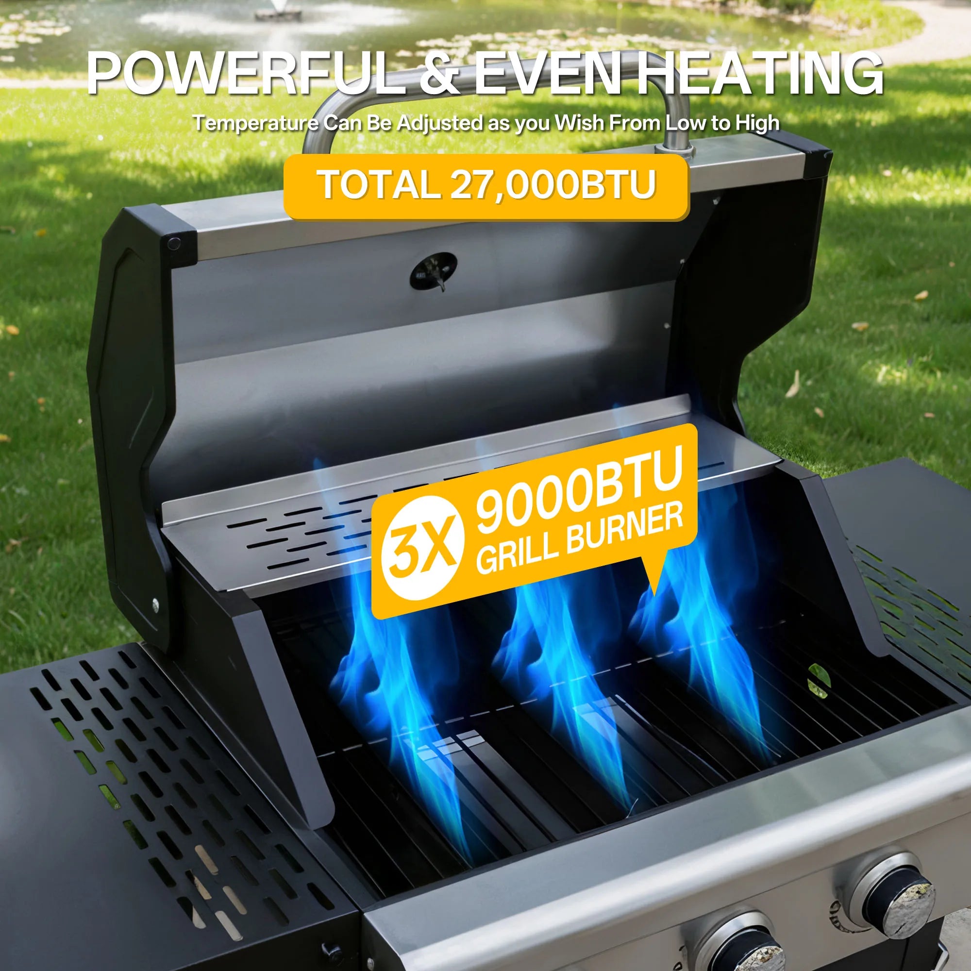 Stainless Steel 3-Burner Propane Grill — Compact Outdoor Gas Barbecue