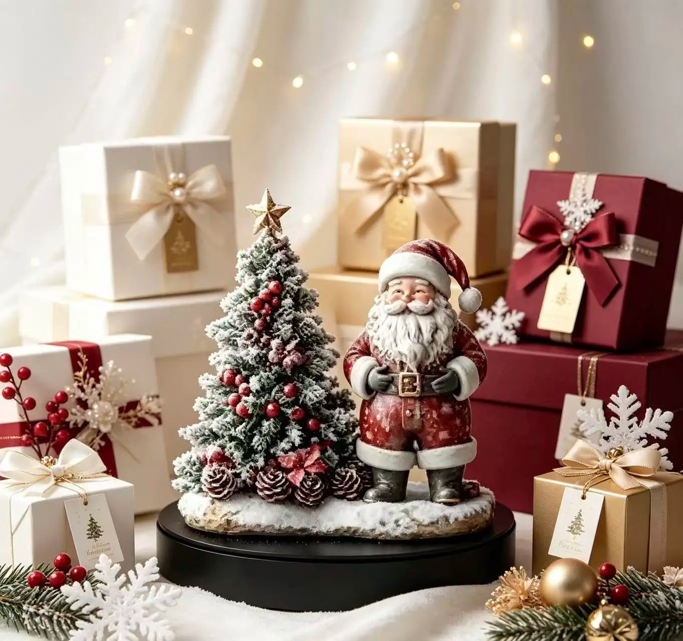 Santa Claus with Mini Christmas Tree Ornament — Festive Resin Desktop Decor