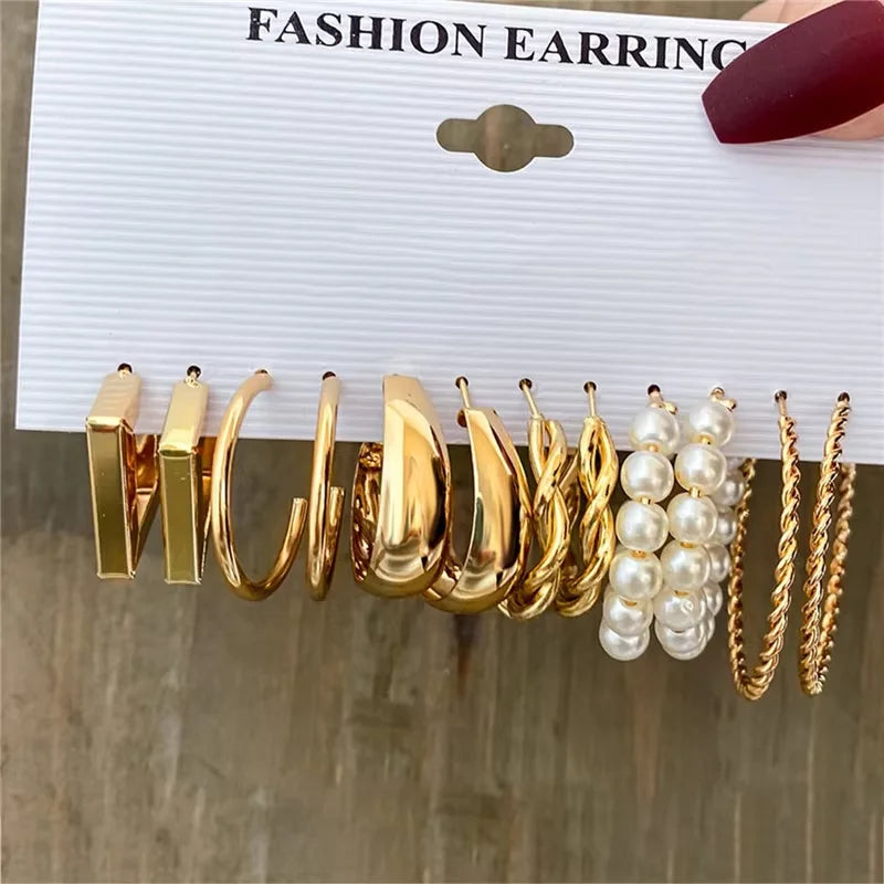 AY Geometric Hoop Earrings Set — Vintage Bohemian Pearl Drop Jewelry