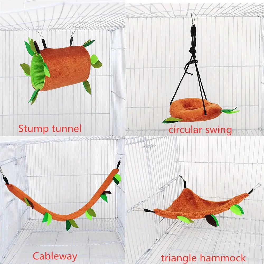 Small Animal Hanging Hammock Set — Soft Plush Cage Bed & Tunnel
