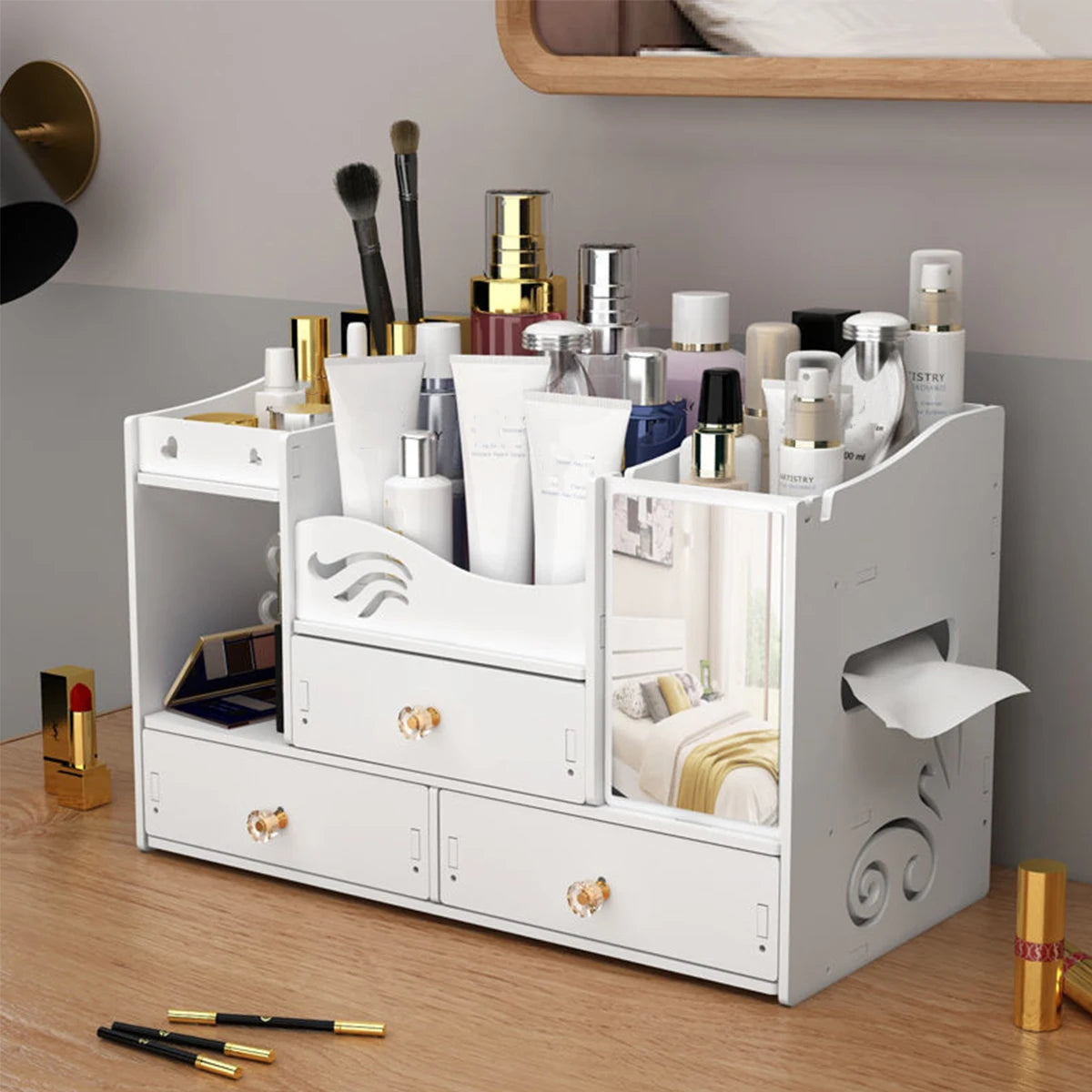 Desktop Makeup Organizer — Multi-Drawer Cosmetic Storage with Mirror
