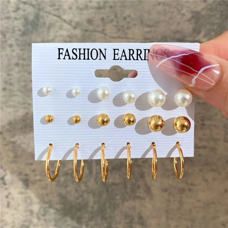 AY Geometric Hoop Earrings Set — Vintage Bohemian Pearl Drop Jewelry