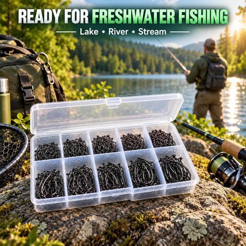 300-Piece Fishing Hook Set — High Carbon Steel Barbed Hooks with Storage Box