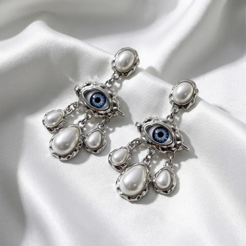 Obega Gothic Evil Eye Dangle Earrings — Ornate Pearl Tassel Jewelry