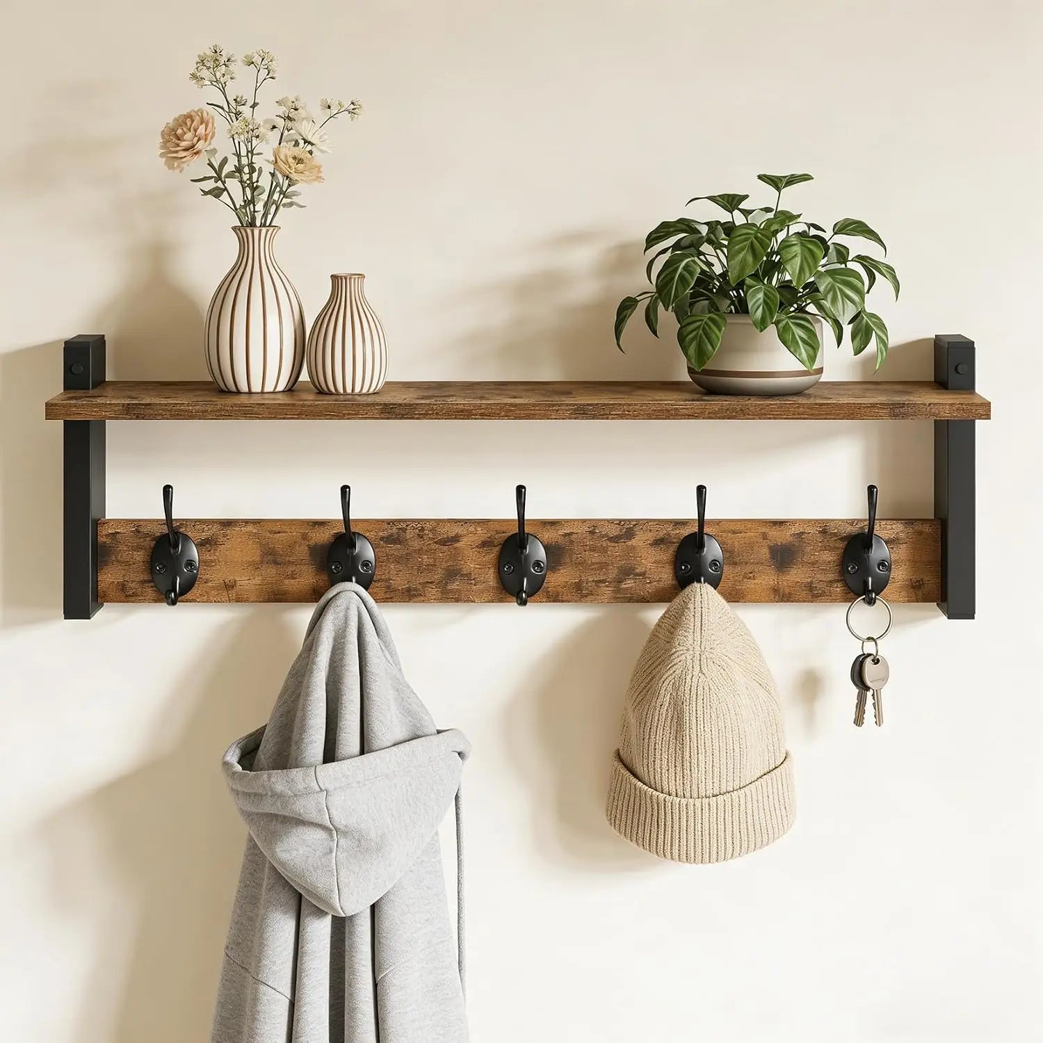 Wall Mounted Coat Rack & Shelf — Industrial Wood and Iron Entryway Organizer