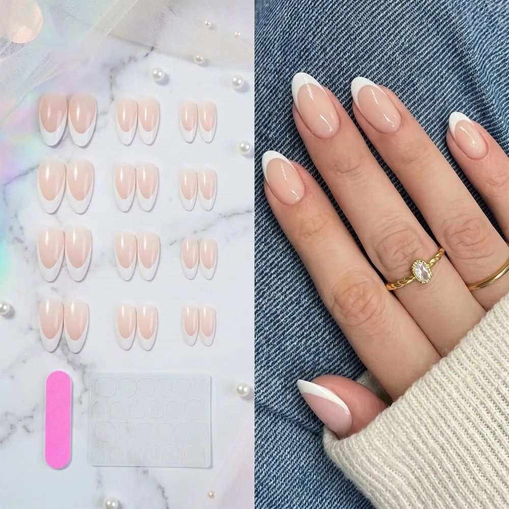 French Tip Press On Nails — Almond Shaped Full Cover Fake Nails
