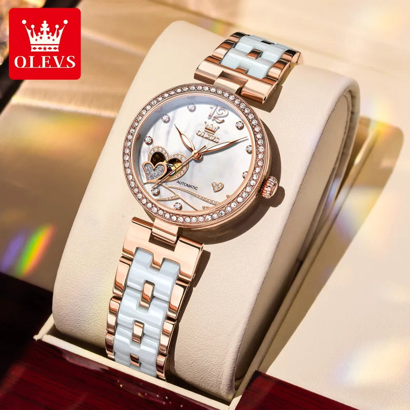 OLEVS 7086 Women's Luxury Watch — Automatic Mechanical Rose Ceramic