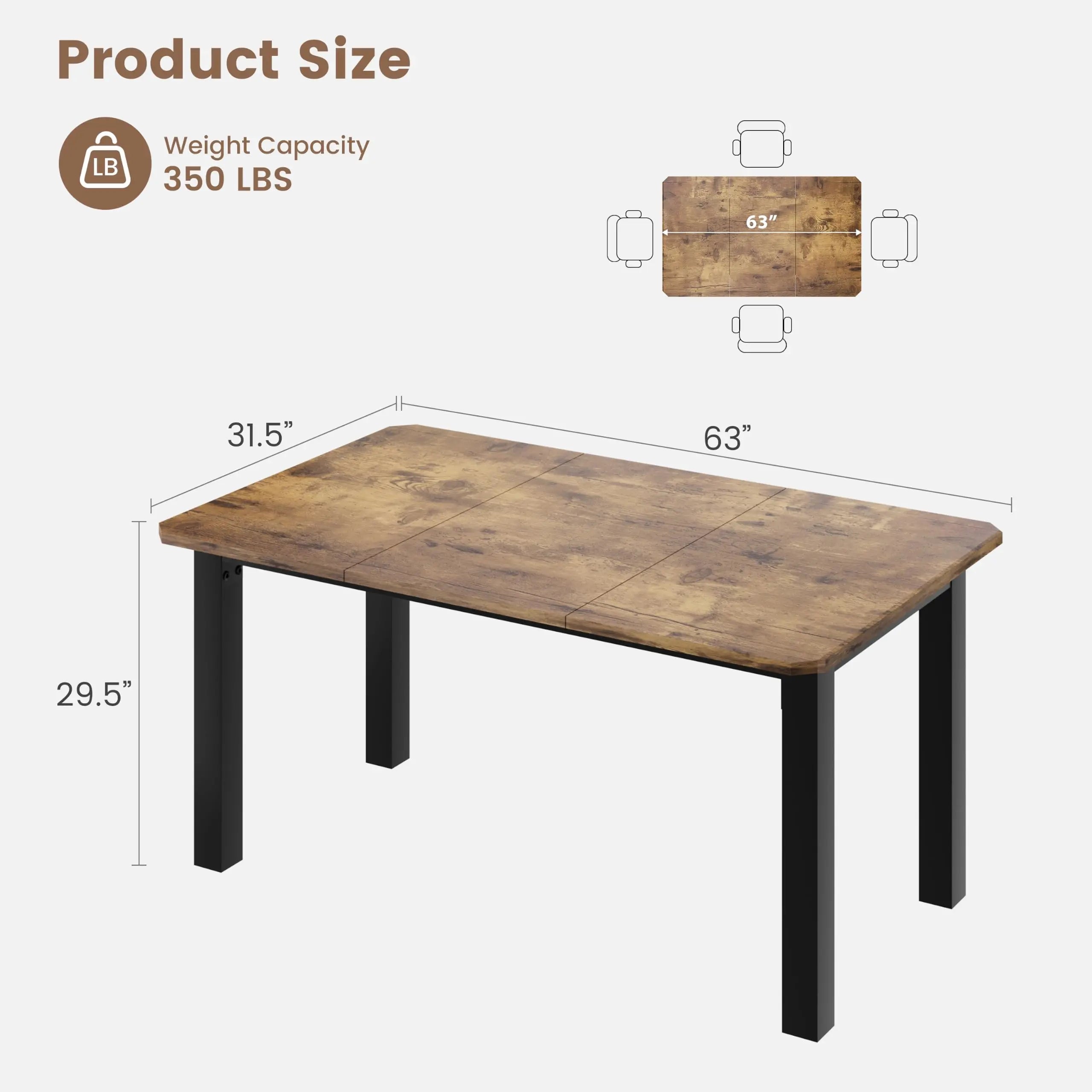 HiMISS Industrial Dining Table — Large Wood Grain Desk with Metal Frame