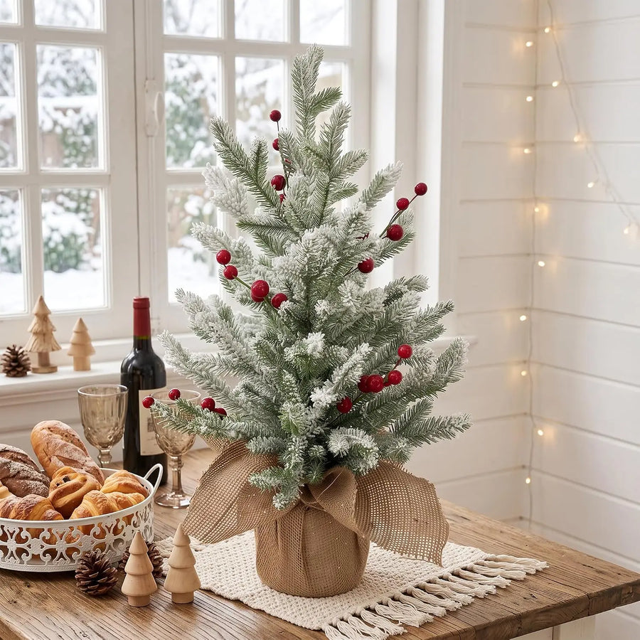 Garvee 24-Inch Flocked Christmas Tree — Red Berry & PE Pine Desktop Decor