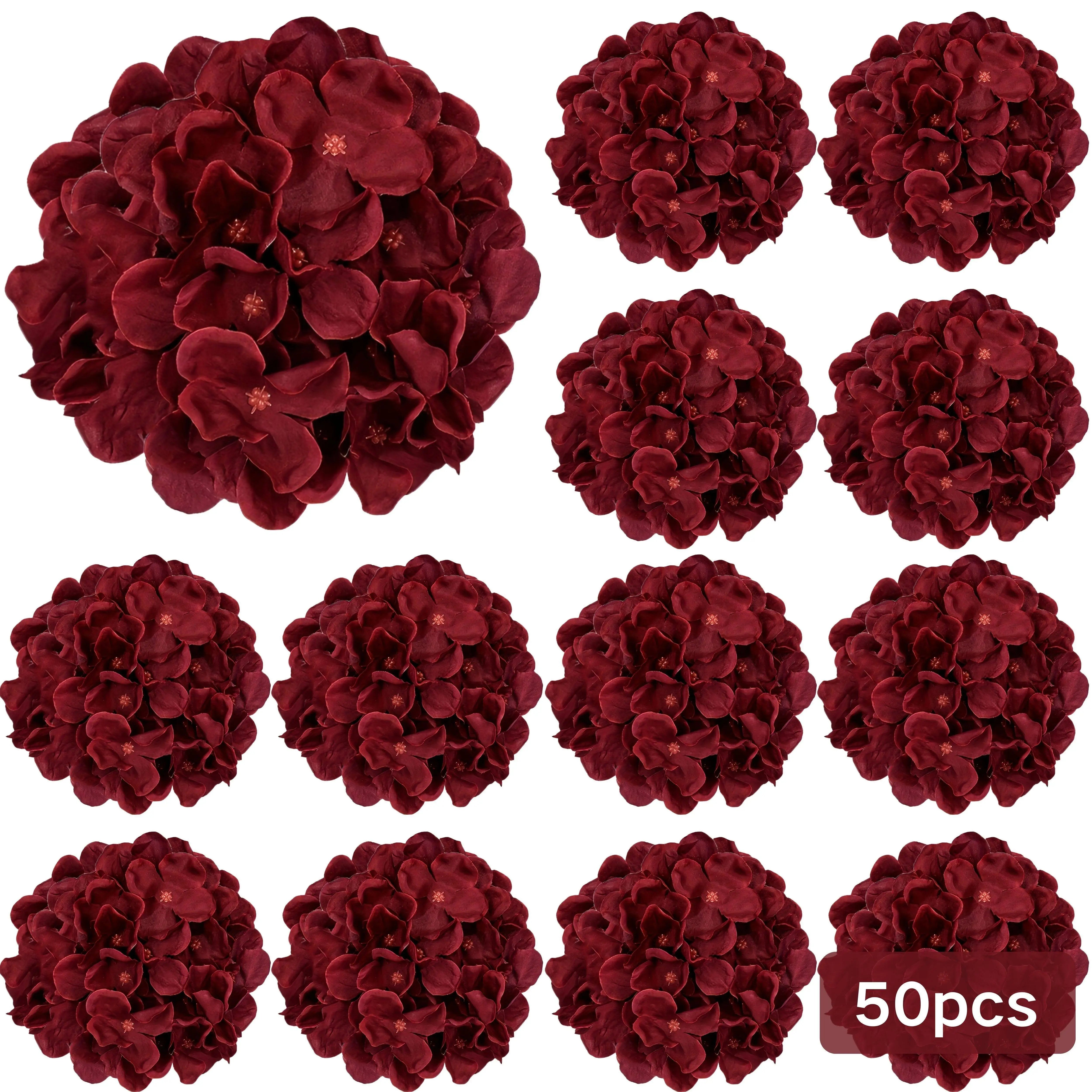 Burgundy Hydrangea Flower Heads — 50 Piece Fabric Floral Set for Decor