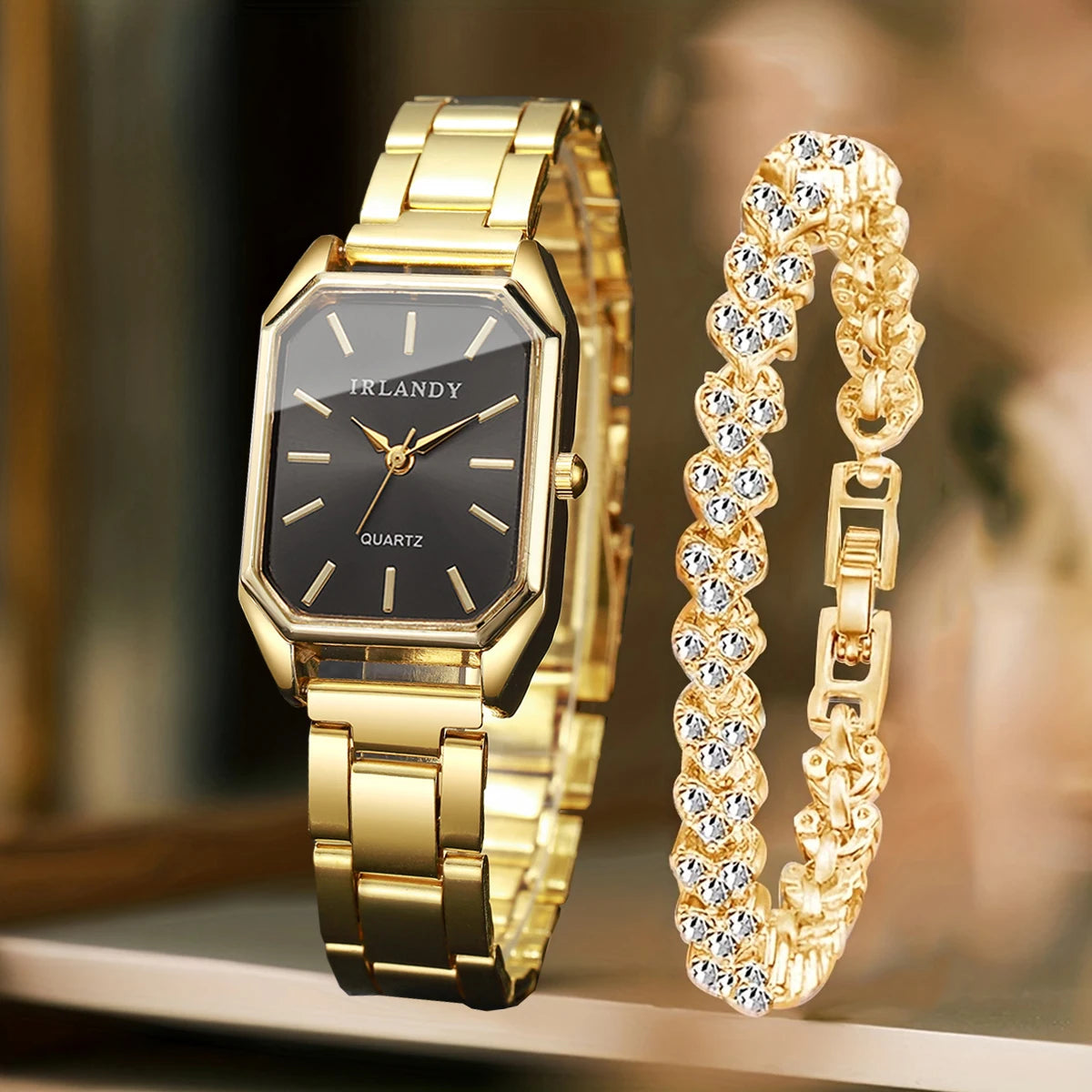 Women's Rectangle Quartz Watch and Rhinestone Bracelet Set — Elegant Jewelry Duo