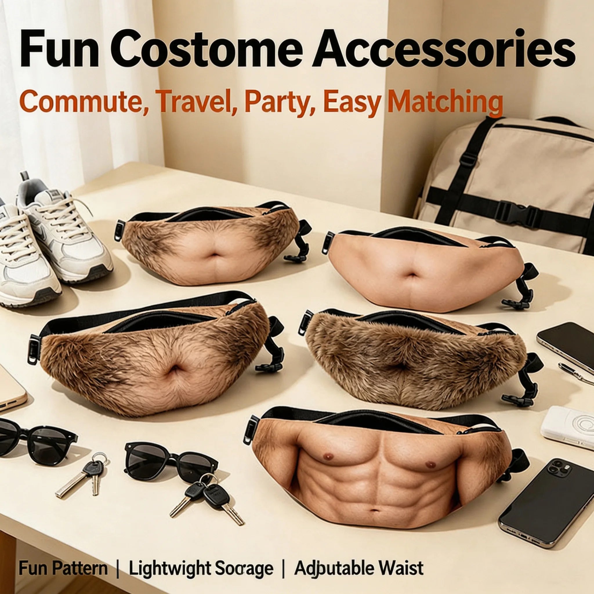 Funny Realistic Belly Waist Bag — Novelty Hip Pack for Parties and Travel