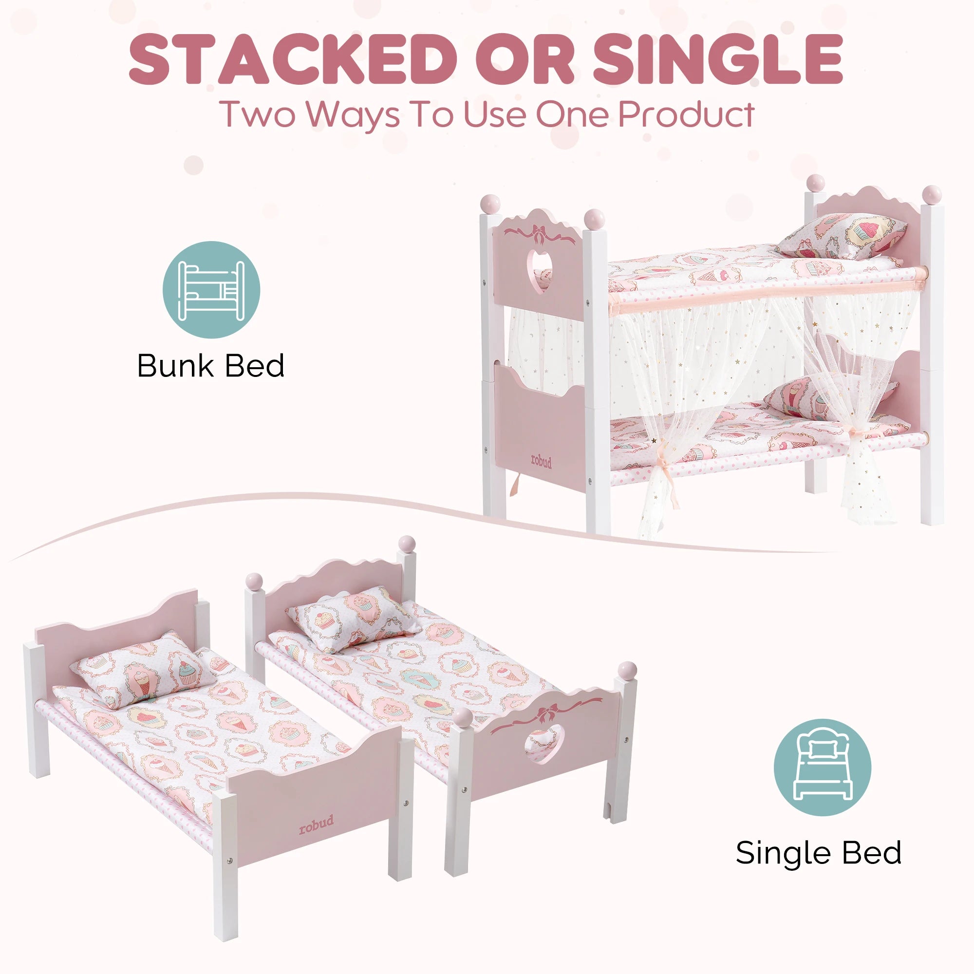 Robud Wooden Baby Doll Bunk Beds — Convertible 2-in-1 Toy Crib Set