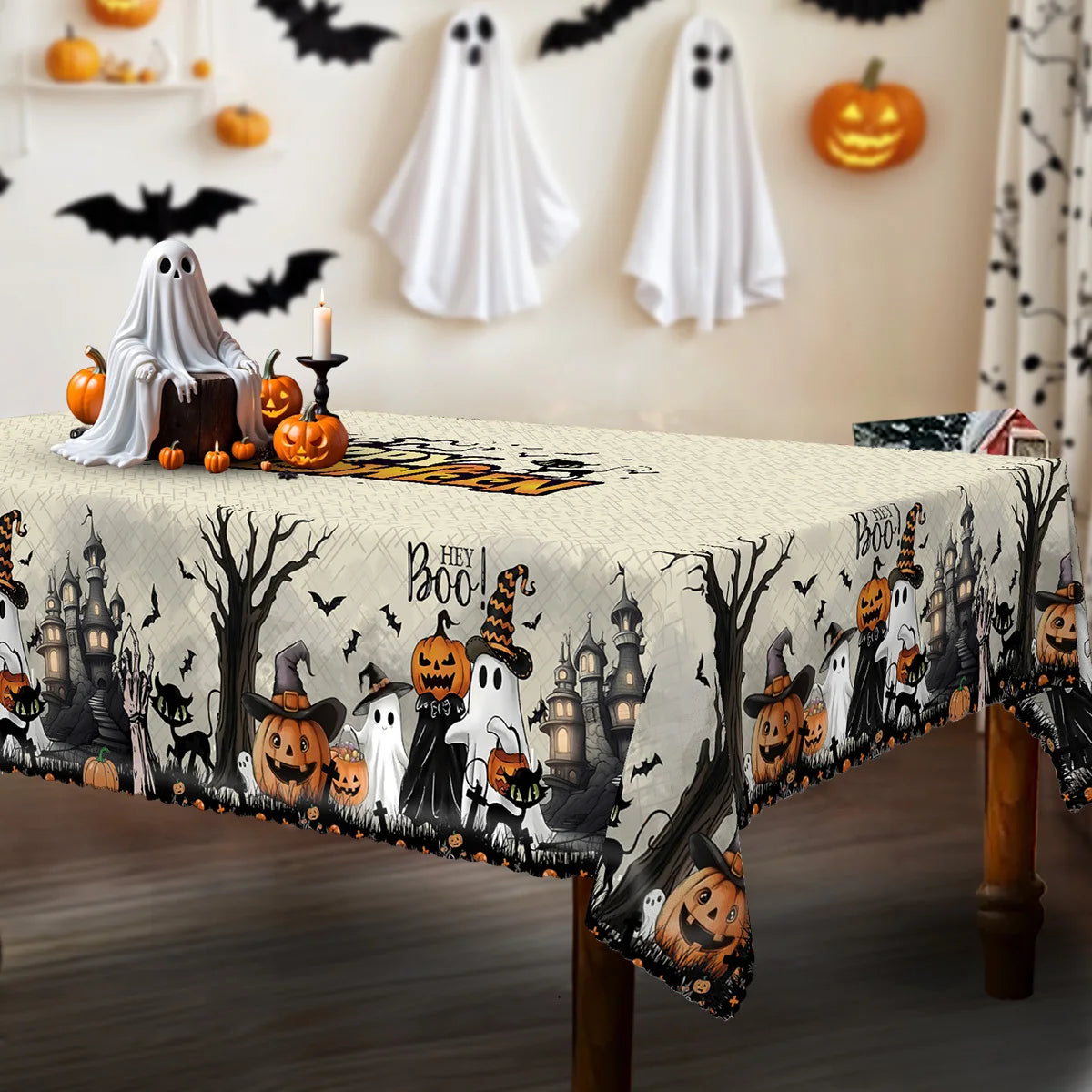 Spooky Halloween Ghost and Black Cat Tablecloth — Waterproof Reusable Decor
