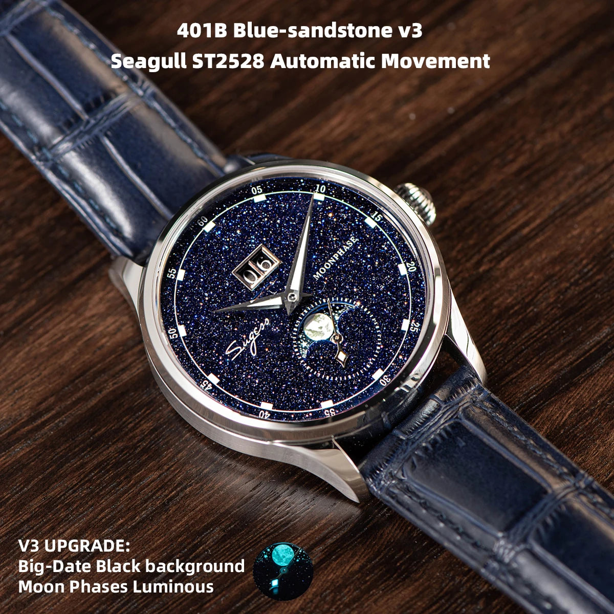 SUGESS Moonphase Automatic Watch — Blue Sandstone Dial & Sapphire Crystal