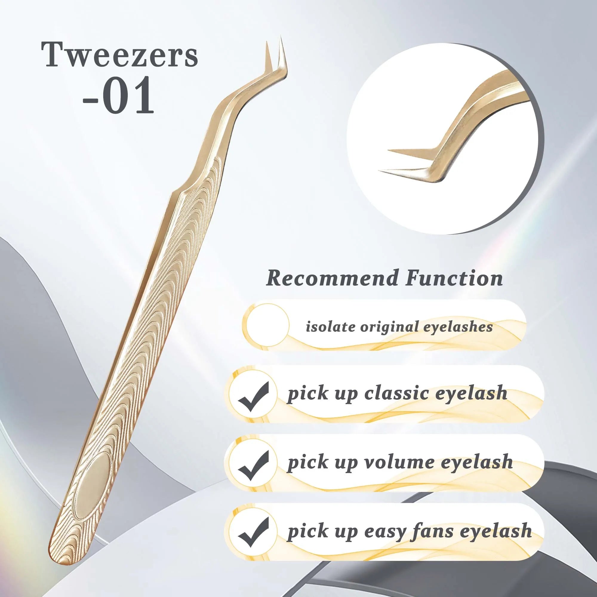 Gold Stainless Steel Eyelash Extension Tweezers — Anti-Slip Wood Grain Design