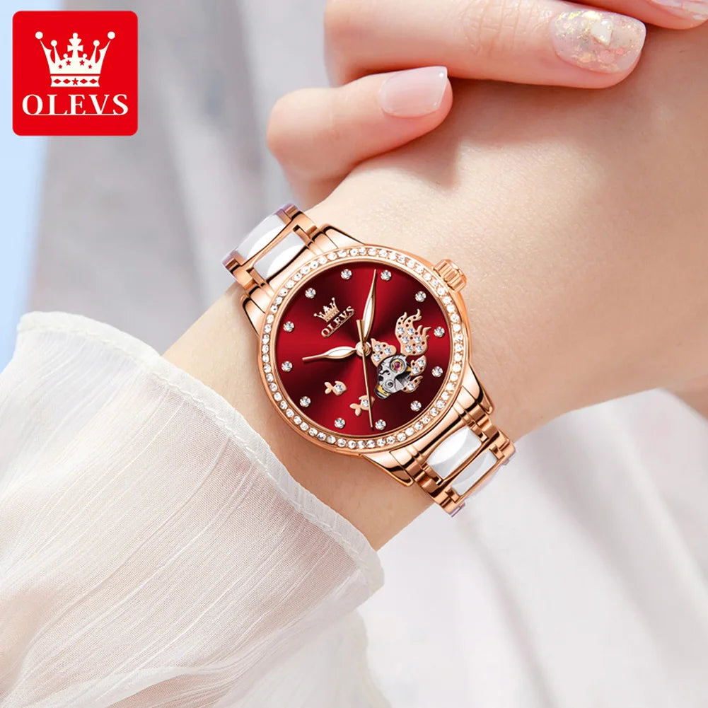 OLEVS 7001 Automatic Ladies' Watch — Elegant Ceramic Strap & Diamond Dial